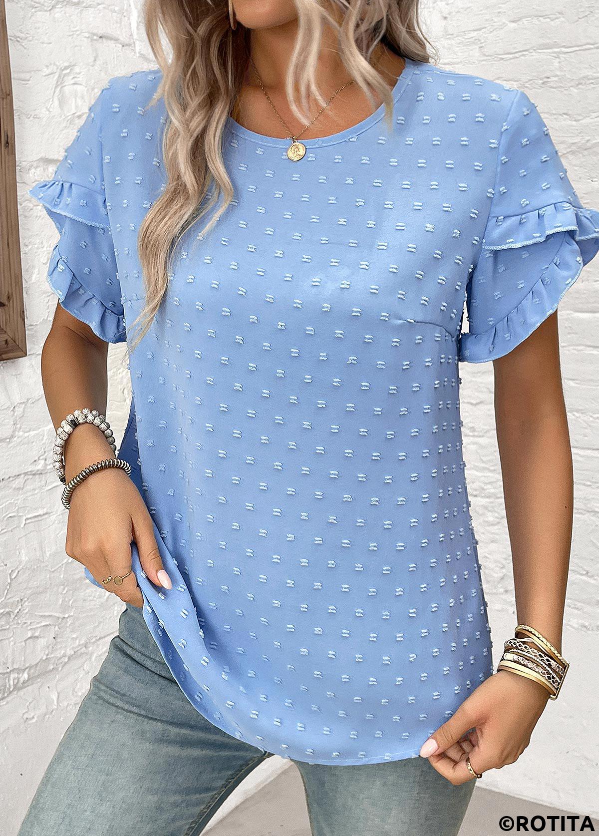 Dusty Blue tops,Plain Color tops,Button Dusty Blue Round Neck Short Sleeve Blouse