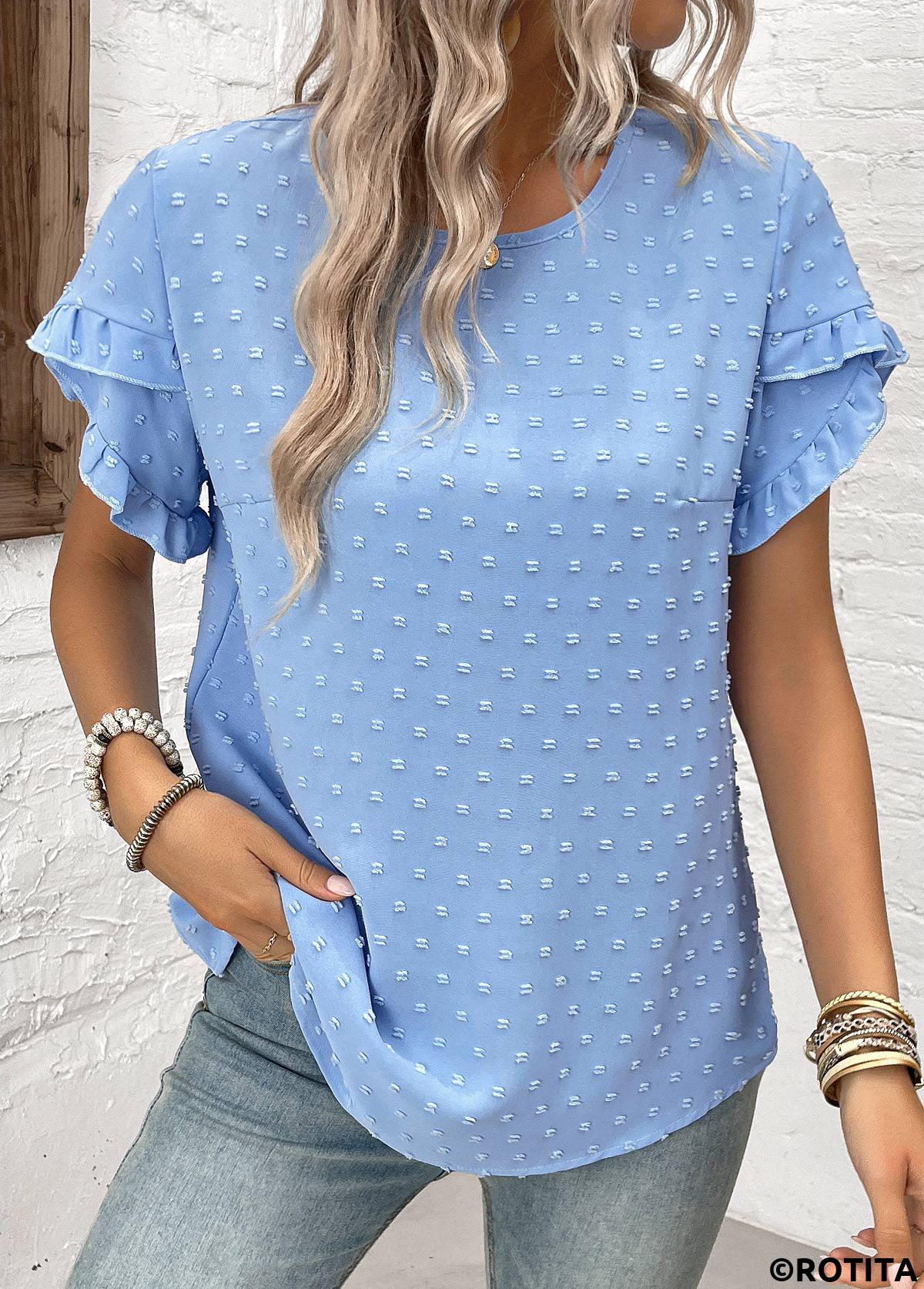 Dusty Blue tops,Plain Color tops,Button Dusty Blue Round Neck Short Sleeve Blouse