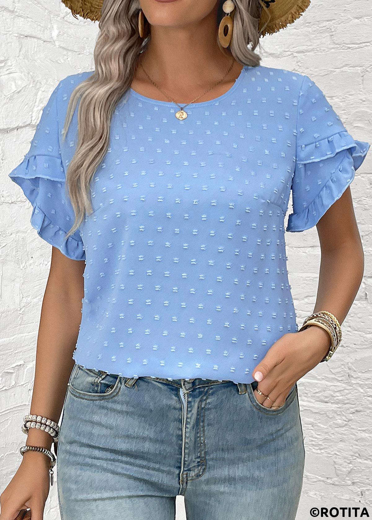 Dusty Blue tops,Plain Color tops,Button Dusty Blue Round Neck Short Sleeve Blouse