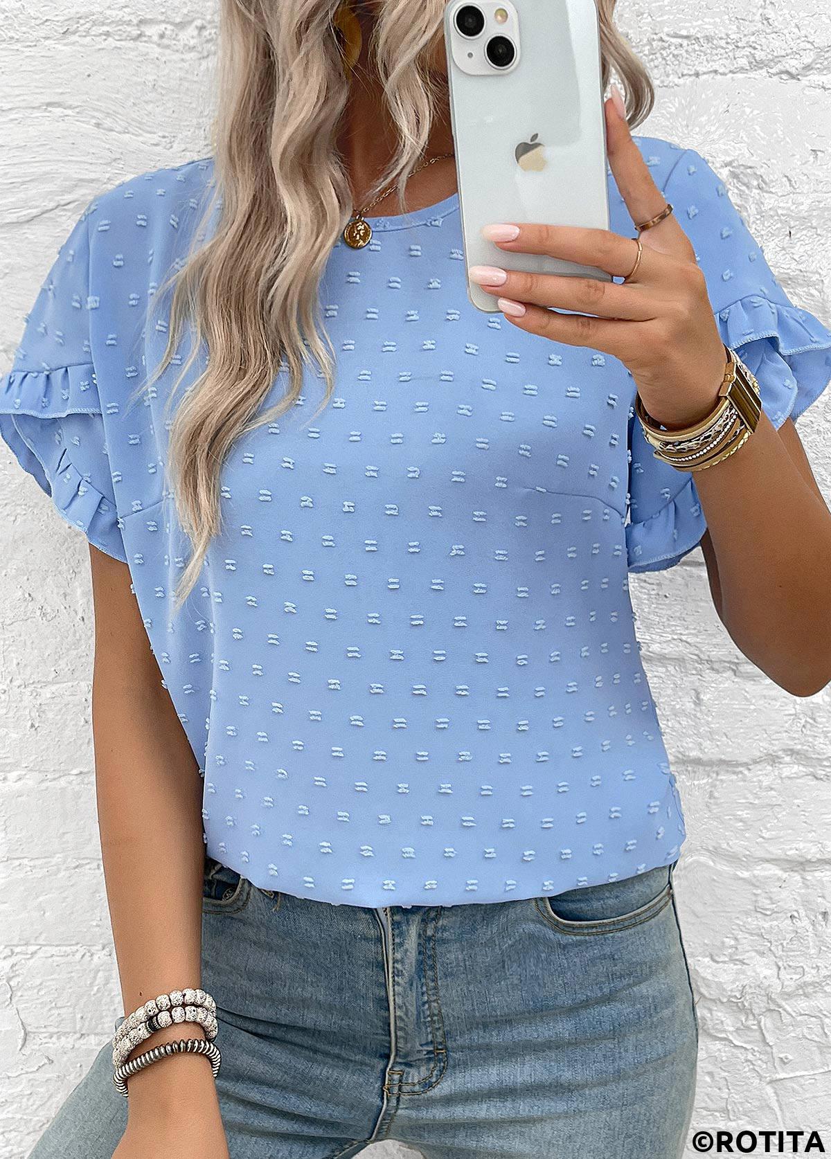 Dusty Blue tops,Plain Color tops,Button Dusty Blue Round Neck Short Sleeve Blouse