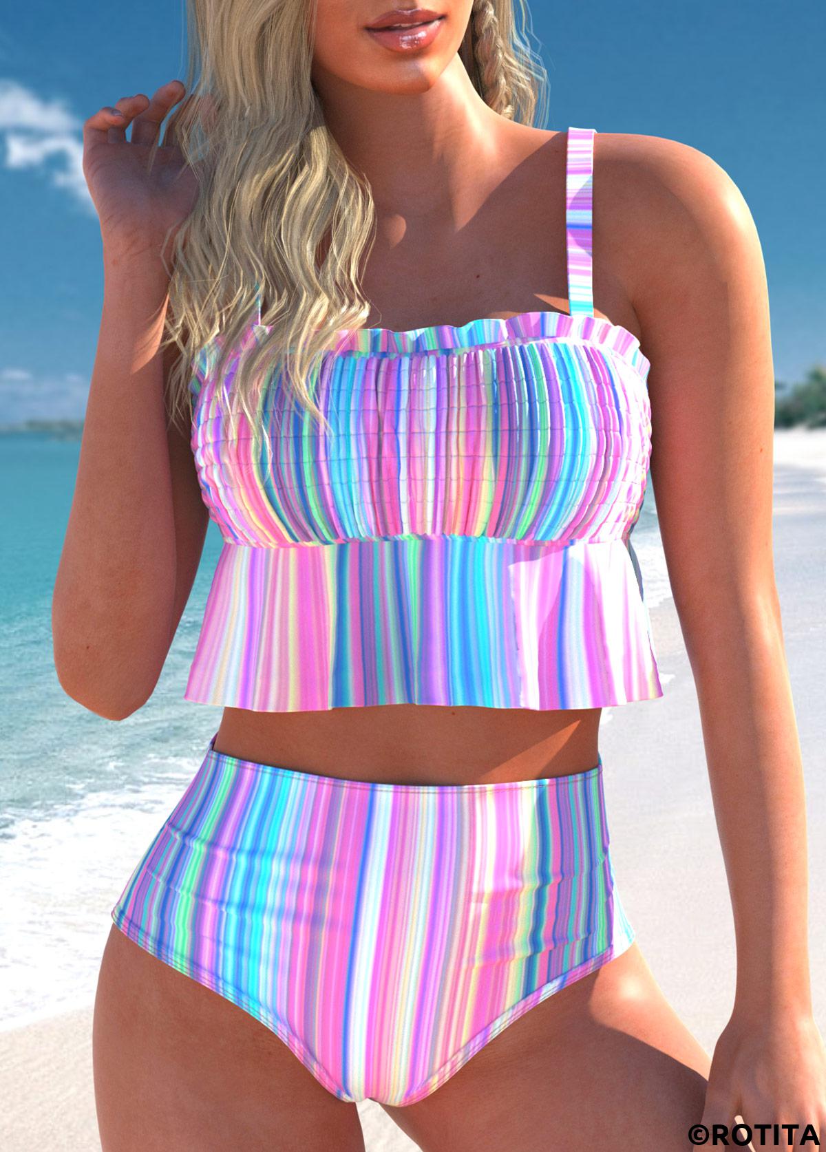 Multi Color swimwear,Rainbow Color swimwear,Striped swimwear,Geometric swimwear,ROTITA Smocked Multi Color Striped Bikini Set