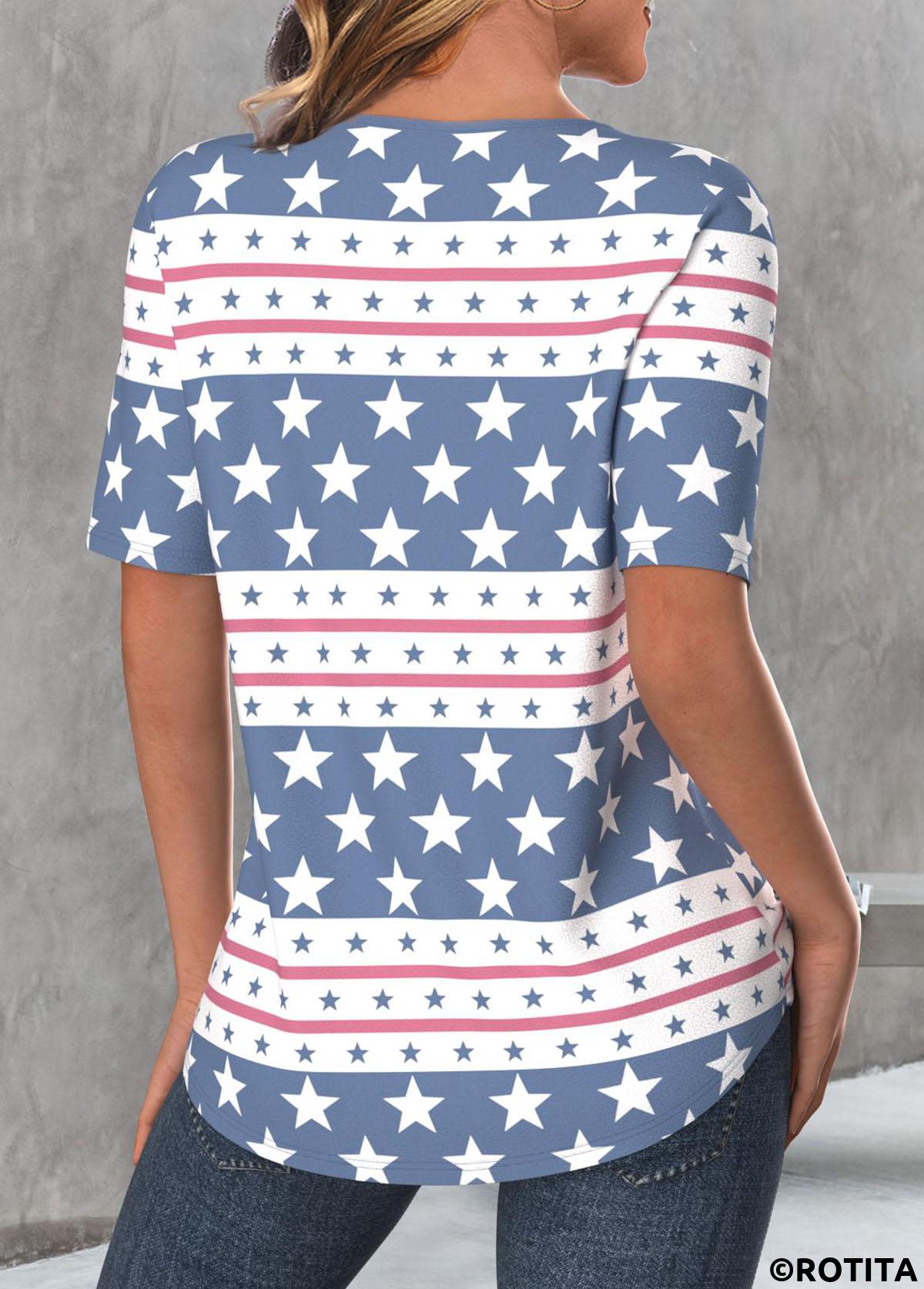 Dusty Blue tops,White tops,Galaxy tops,Striped tops,Geometric tops,ROTITA Cut Out Star Print Dusty Blue T Shirt