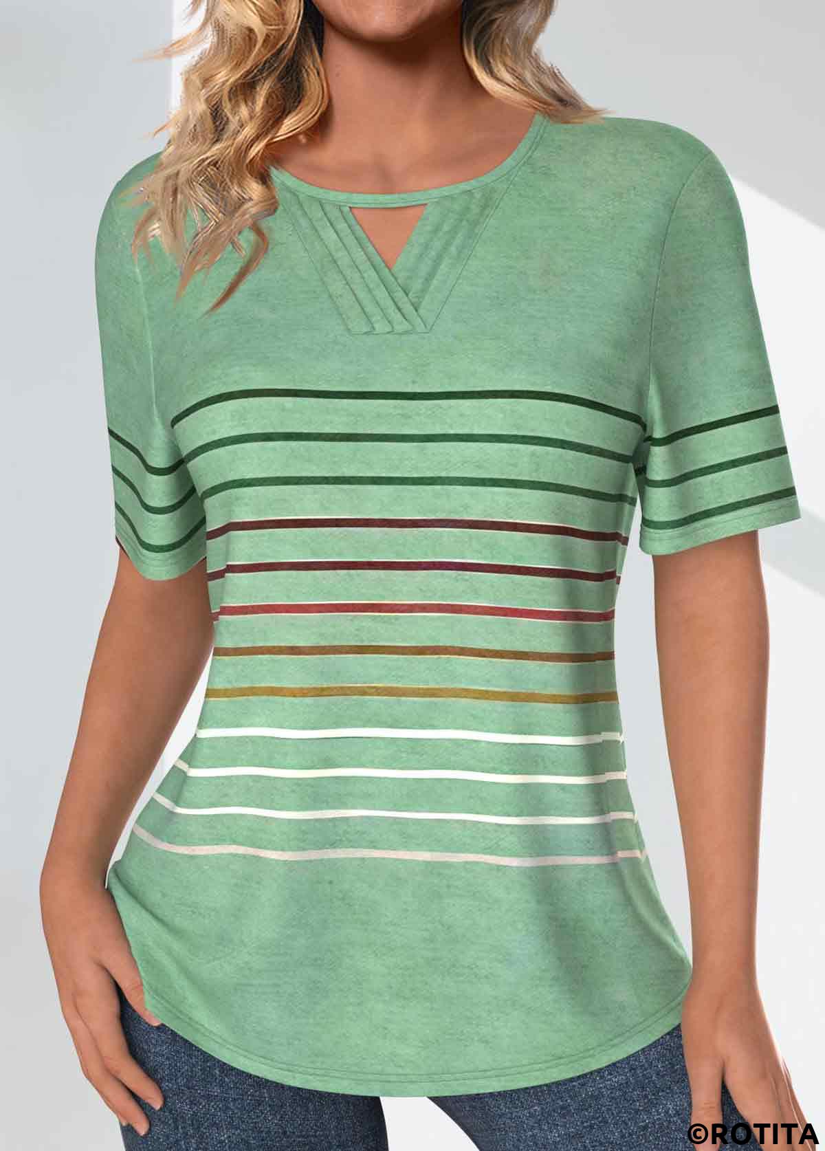 Light Green tops,Striped tops,Geometric tops,ROTITA Tuck Stitch Striped Light Green Round Neck T Shirt