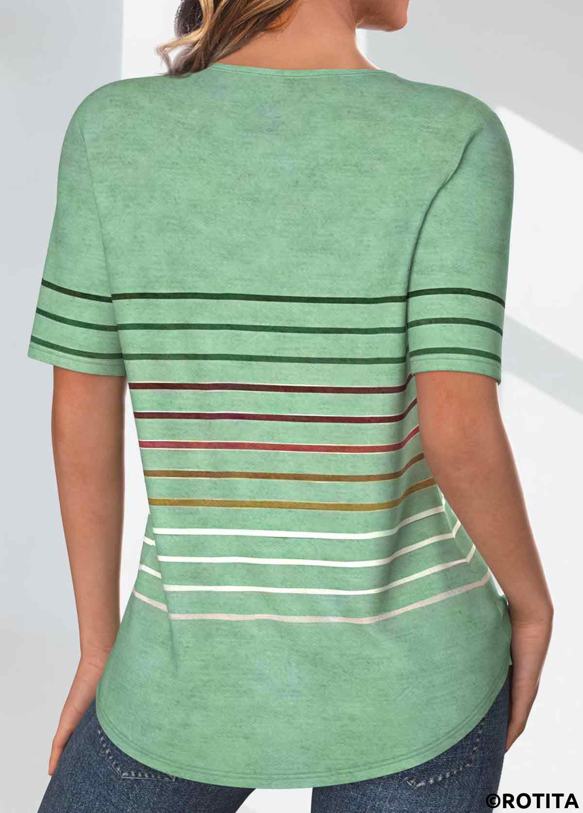 Light Green tops,Striped tops,Geometric tops,ROTITA Tuck Stitch Striped Light Green Round Neck T Shirt