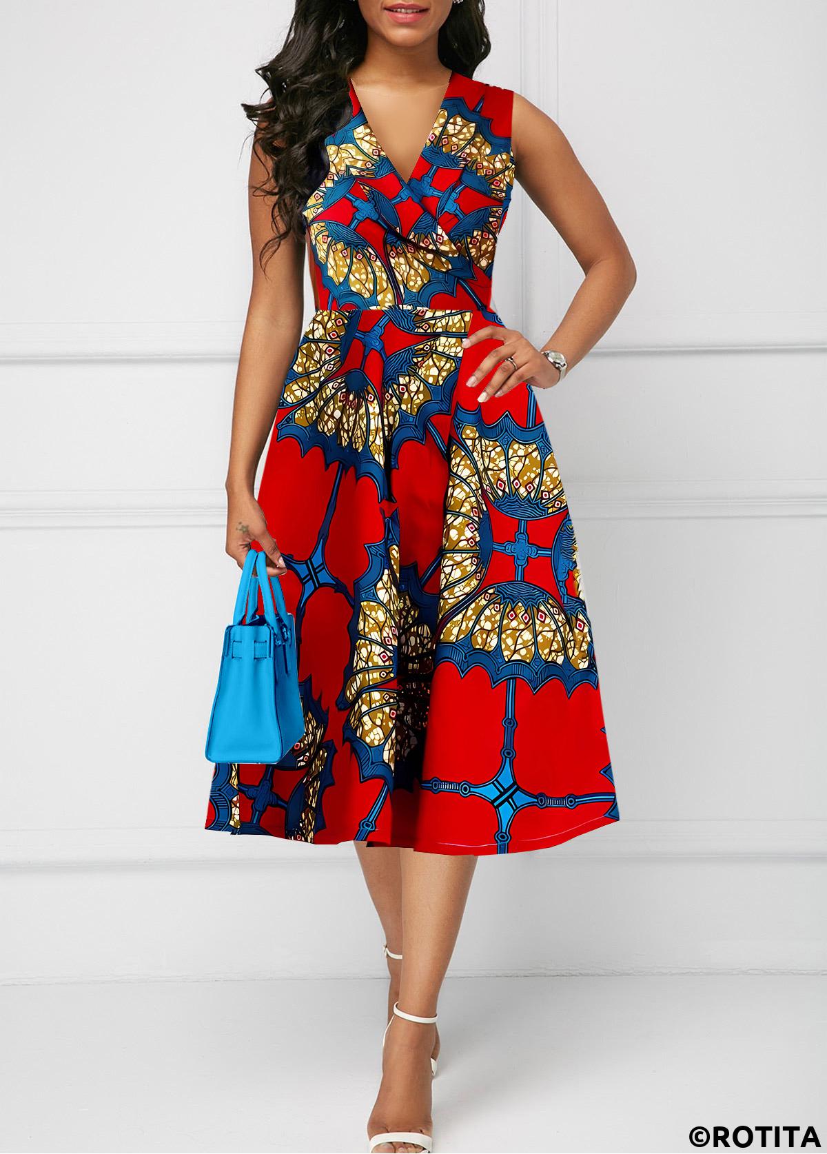 Red dresses,Tribal dresses,Vacation dresses,Vacation dresses,ROTITA Zipper Tribal Print Red V Neck Sleeveless Dress