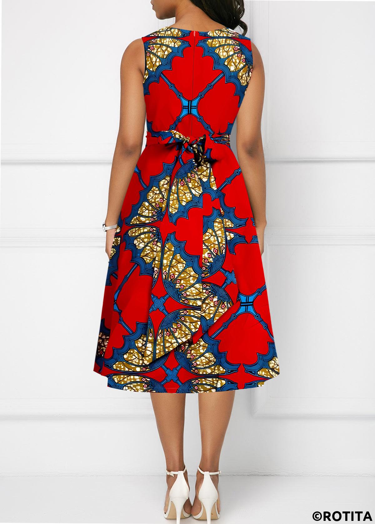 Red dresses,Tribal dresses,Vacation dresses,Vacation dresses,ROTITA Zipper Tribal Print Red V Neck Sleeveless Dress