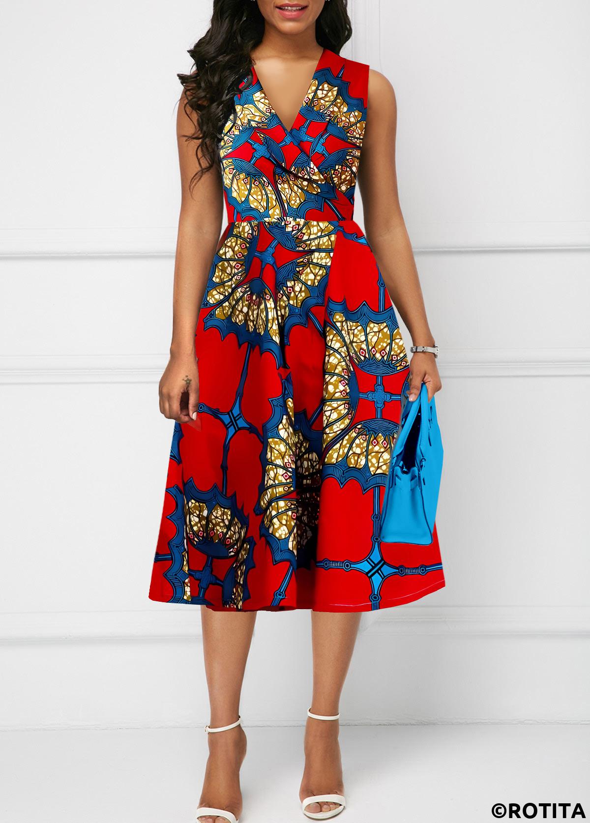 Red dresses,Tribal dresses,Vacation dresses,Vacation dresses,ROTITA Zipper Tribal Print Red V Neck Sleeveless Dress