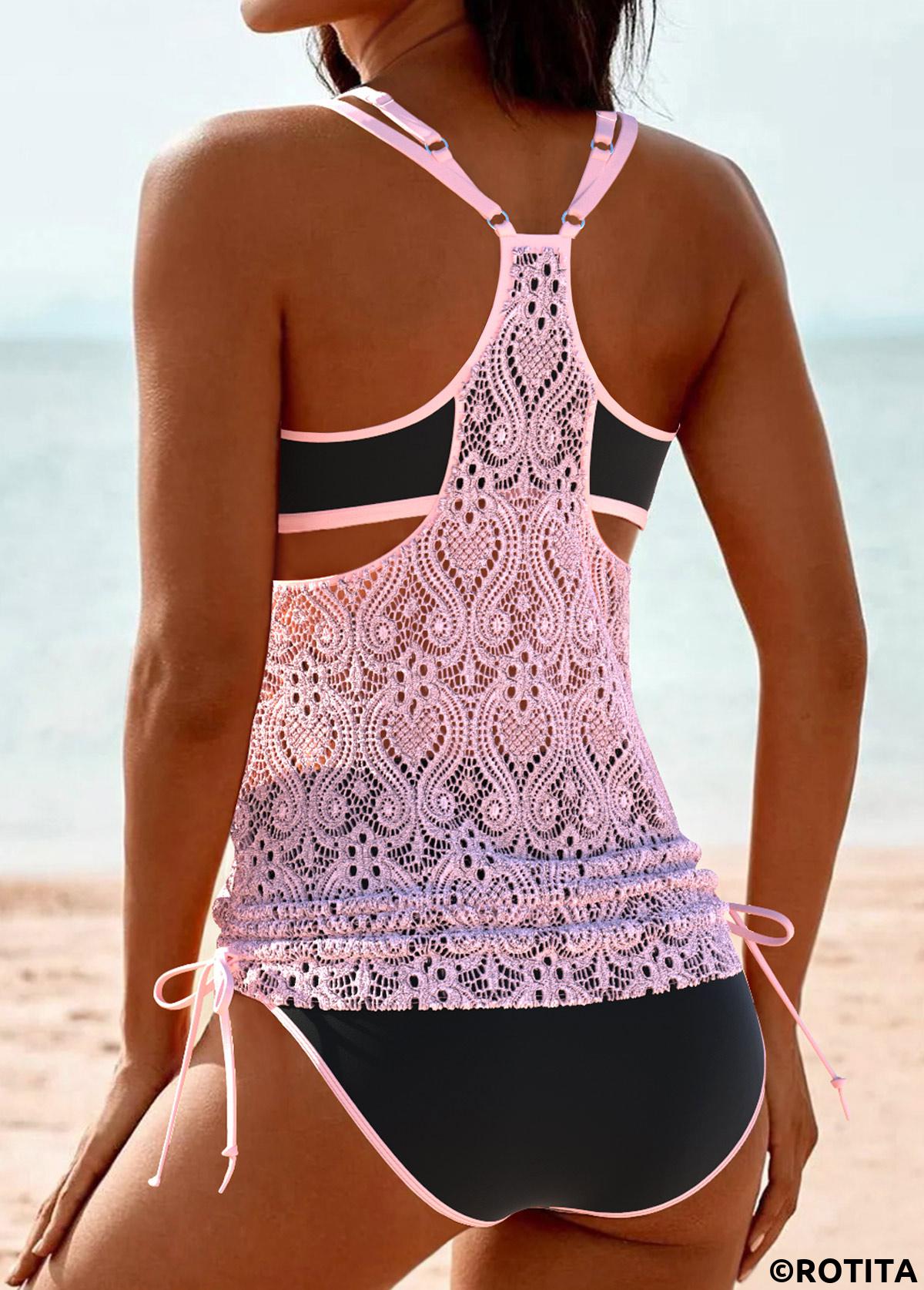Light Pink swimwear,Black swimwear,Contrast Color swimwear,ROTITA Lace Light Pink Ruched Tankini Set