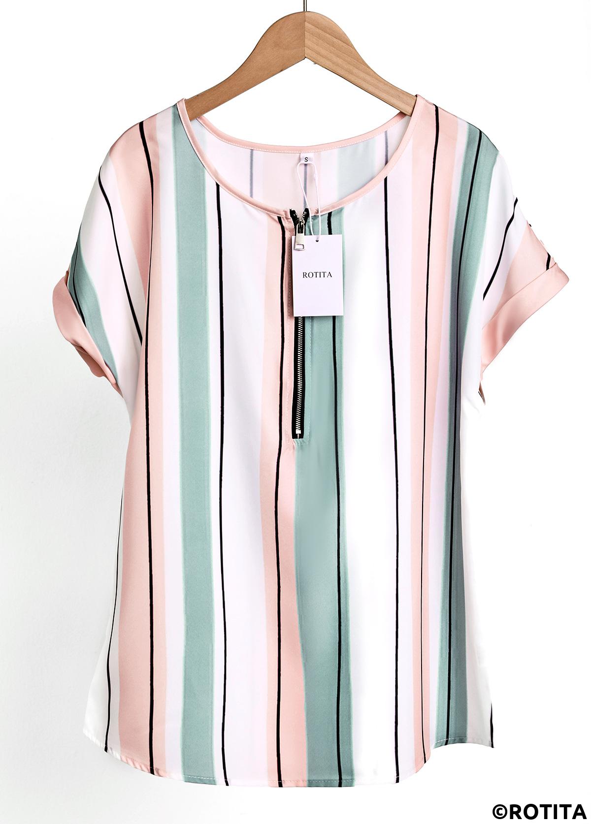 White tops,Pink tops,Striped tops,Geometric tops,ROTITA Zipper Striped White Round Neck Short Sleeve Blouse