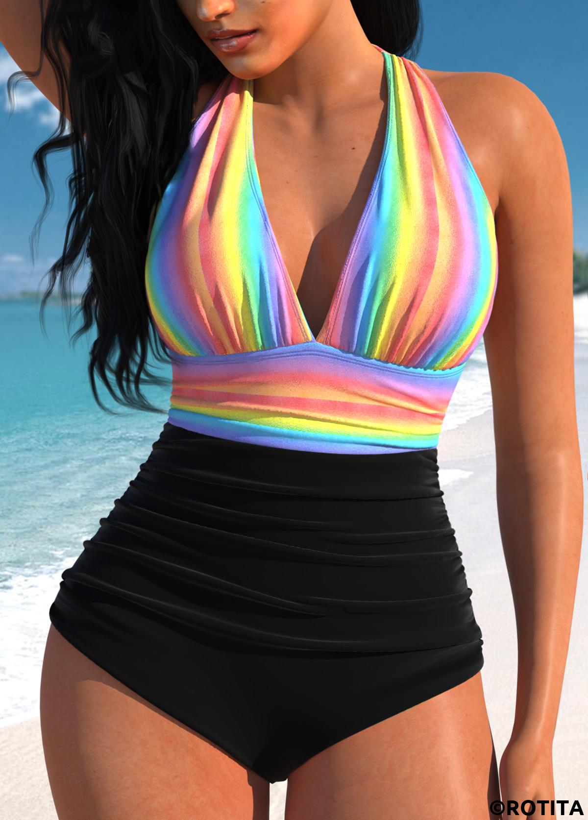 Rainbow Color swimwear,Striped swimwear,Geometric swimwear,ROTITA Tie Rainbow Color One Piece Swimwear