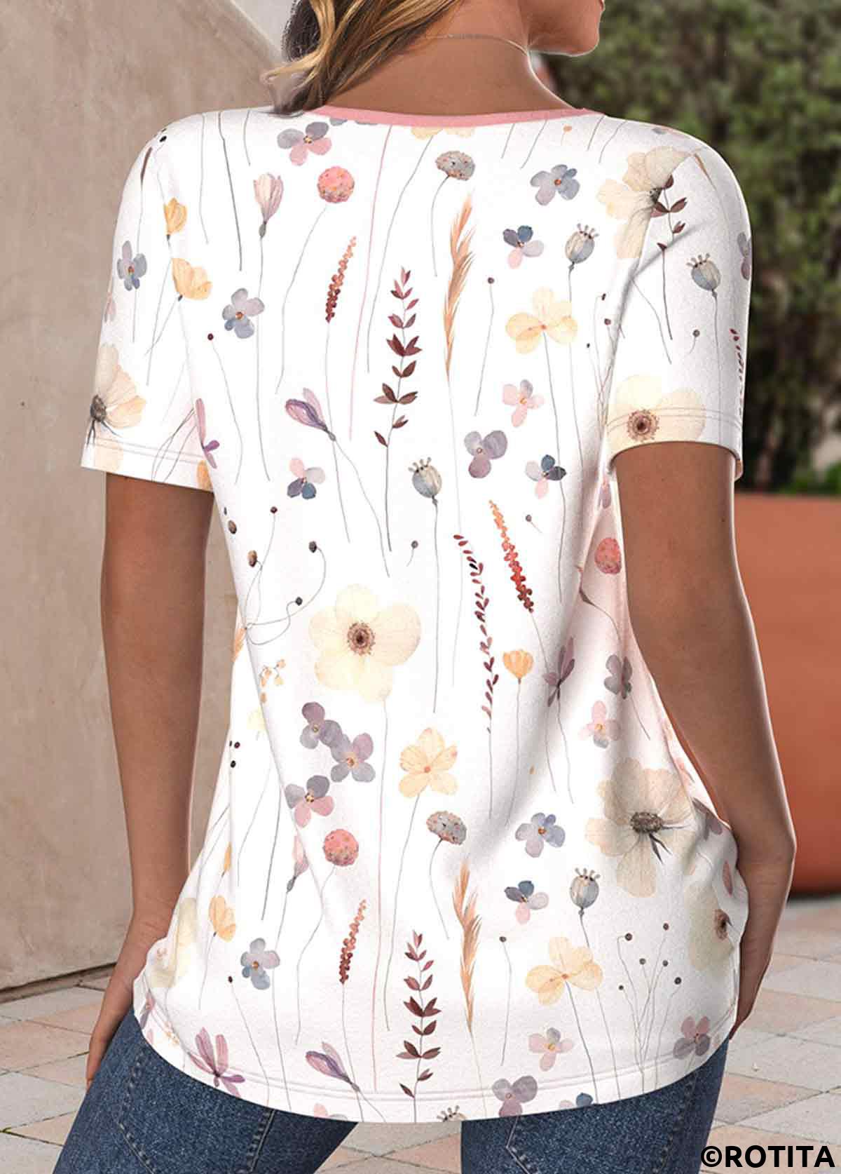 White tops,Floral tops,Plants tops,ROTITA Button Floral Print White Round Neck T Shirt