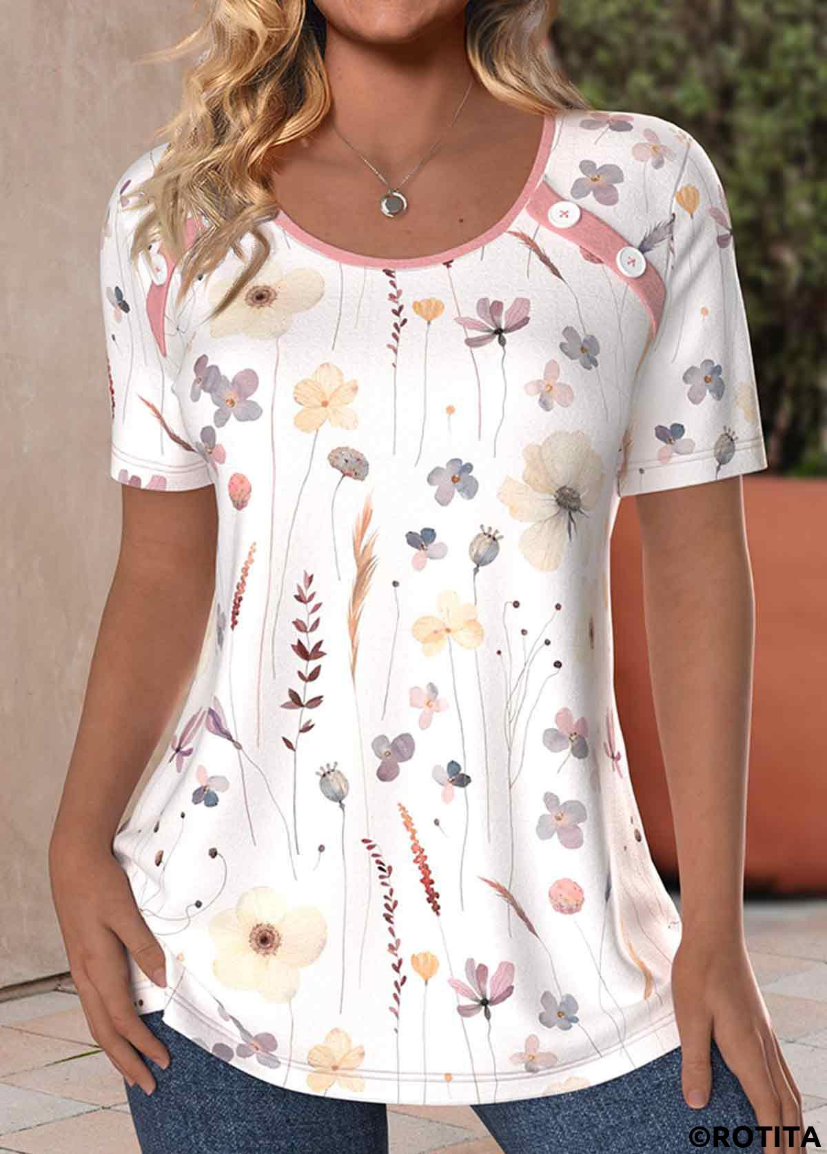White tops,Floral tops,Plants tops,ROTITA Button Floral Print White Round Neck T Shirt
