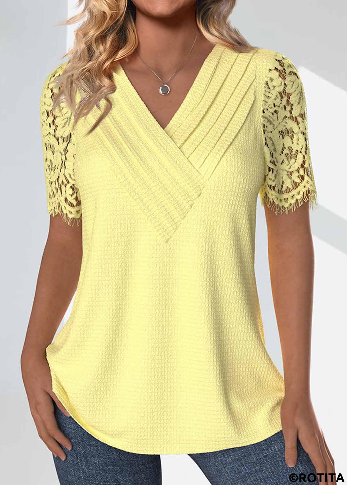 Light Yellow tops,Plain Color tops,ROTITA Lace Light Yellow V Neck Short Sleeve T Shirt