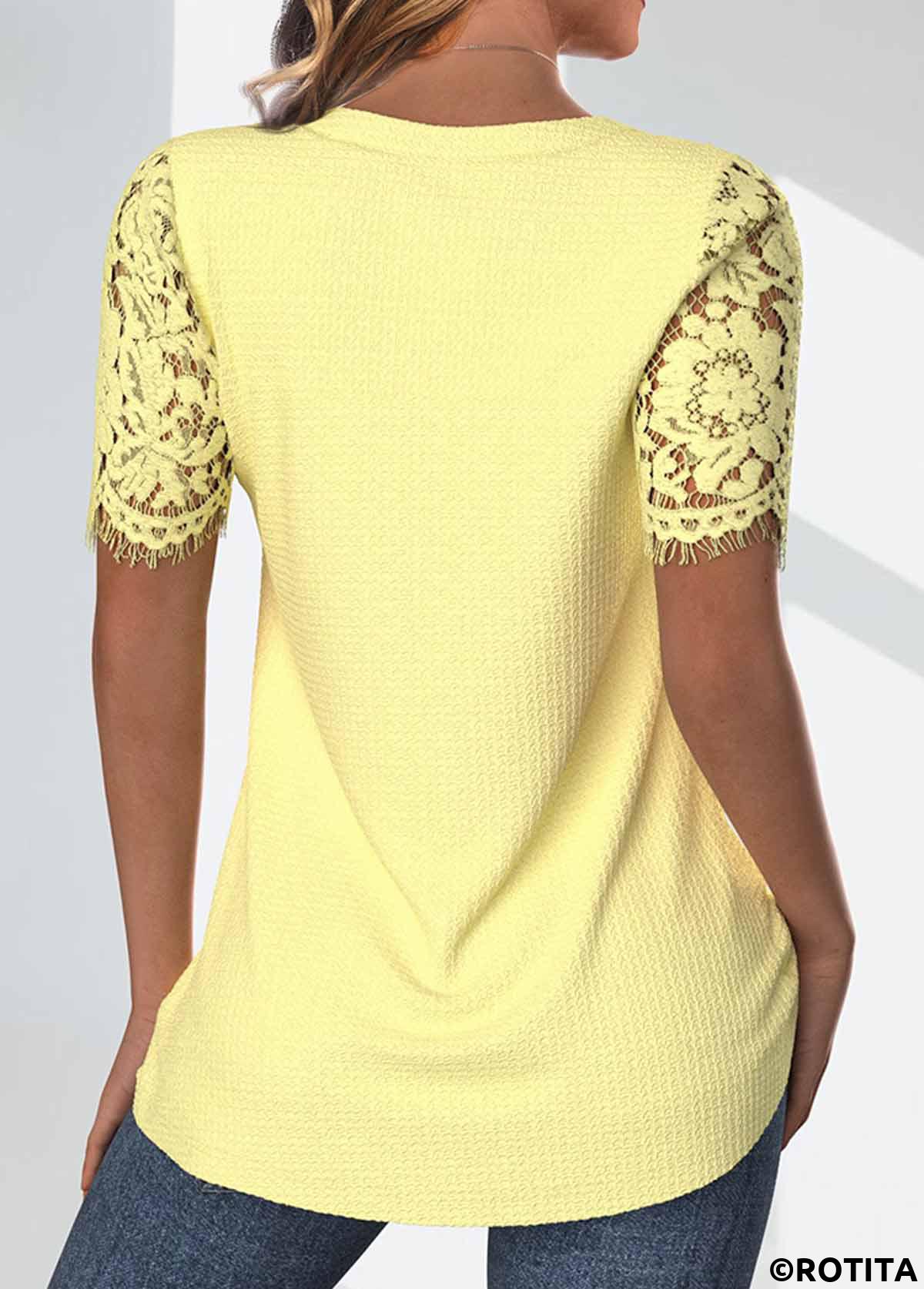 Light Yellow tops,Plain Color tops,ROTITA Lace Light Yellow V Neck Short Sleeve T Shirt