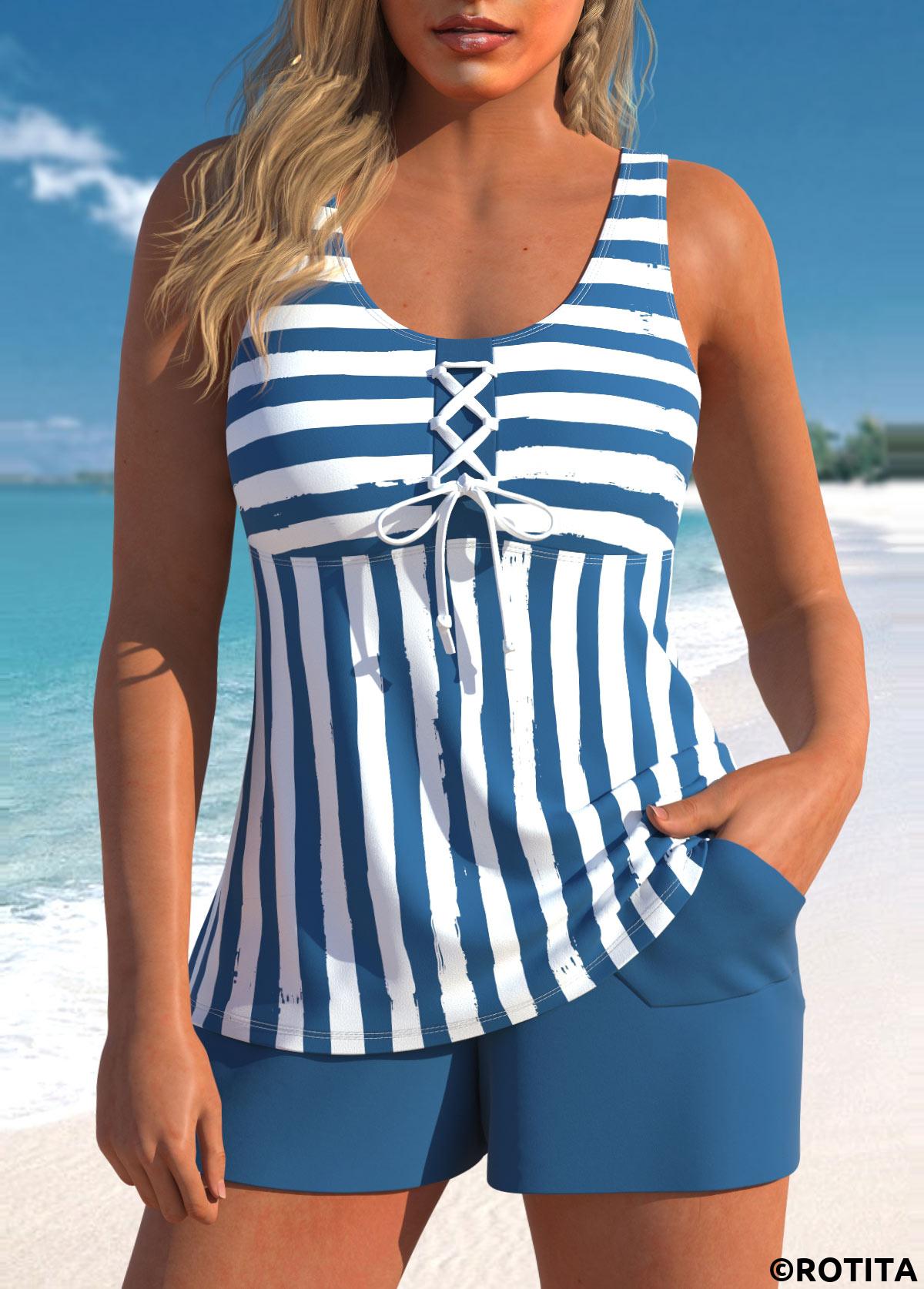 Blue plus size,White plus size,Striped plus size,Geometric plus size,ROTITA Plus Size Lace Up Striped Blue Tankini Set