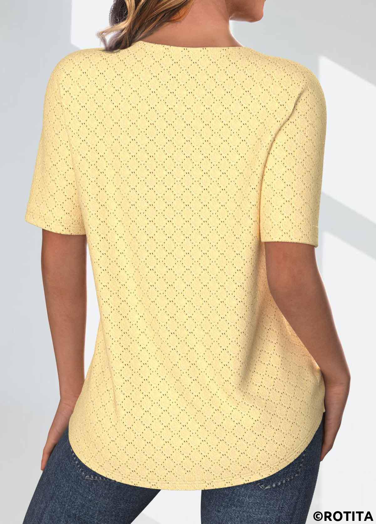 Light Yellow tops,Plain Color tops,ROTITA Jacquard Light Yellow Round Neck Short Sleeve T Shirt