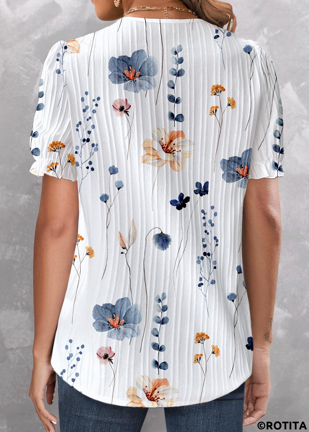 White tops,Floral tops,Plants tops,ROTITA Lace Floral Print White V Neck Short Sleeve Blouse