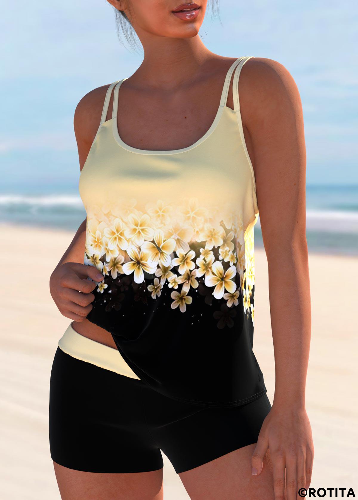 Light Yellow plus size,Black plus size,Floral plus size,Plants plus size,ROTITA Plus Size Patchwork Floral Print Light Yellow Tankini Set