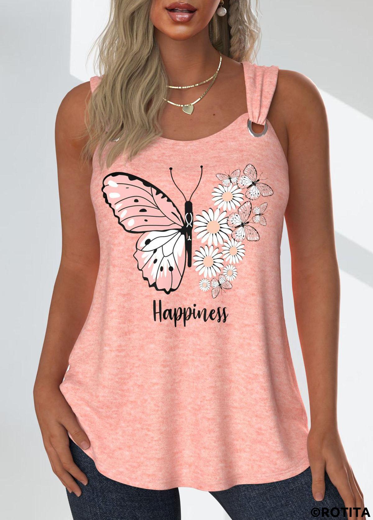Dusty Pink tops,Animal Print tops,Letter tops,Floral tops,Plants tops,ROTITA Grommet Butterfly Print Dusty Pink Scoop Neck Tank Top