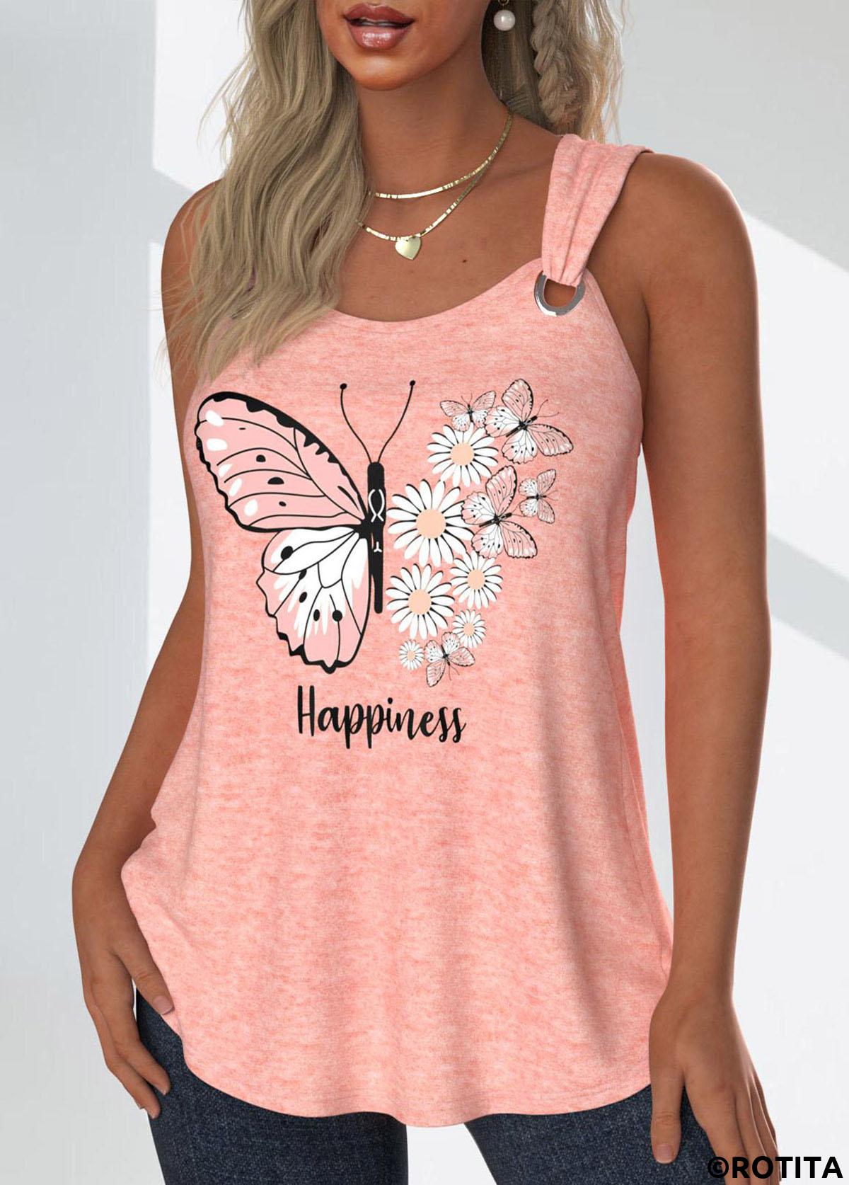 Dusty Pink tops,Animal Print tops,Letter tops,Floral tops,Plants tops,ROTITA Grommet Butterfly Print Dusty Pink Scoop Neck Tank Top