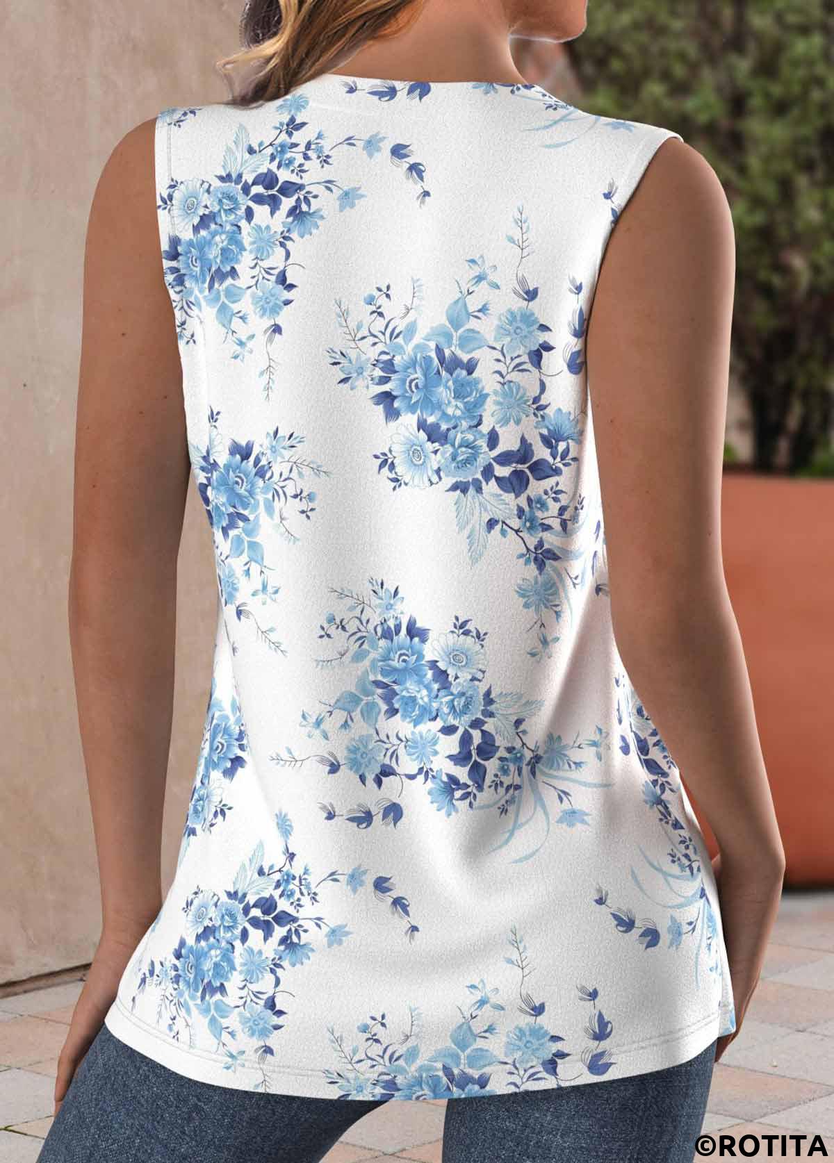 ROTITA Button Floral Print Light Blue Split Neck Tank Top