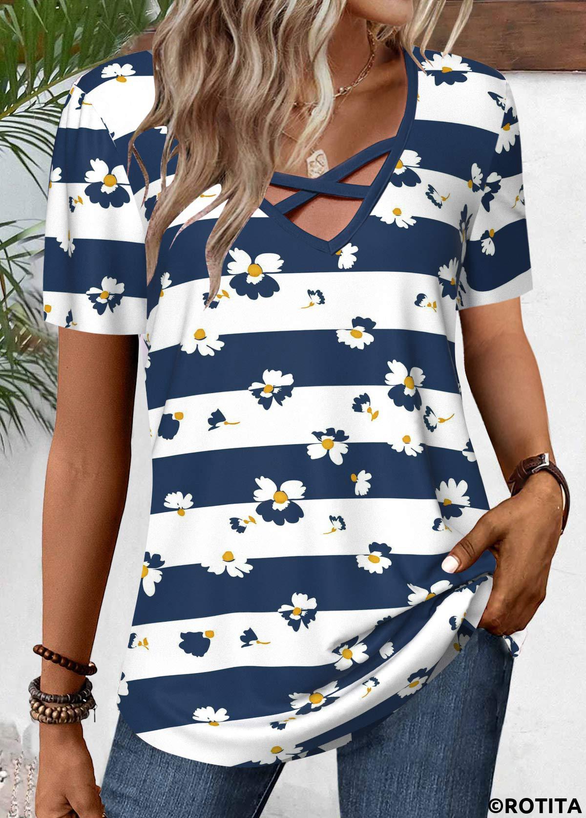 rotita t-shirt rayé bleu marine à col en v croisé
