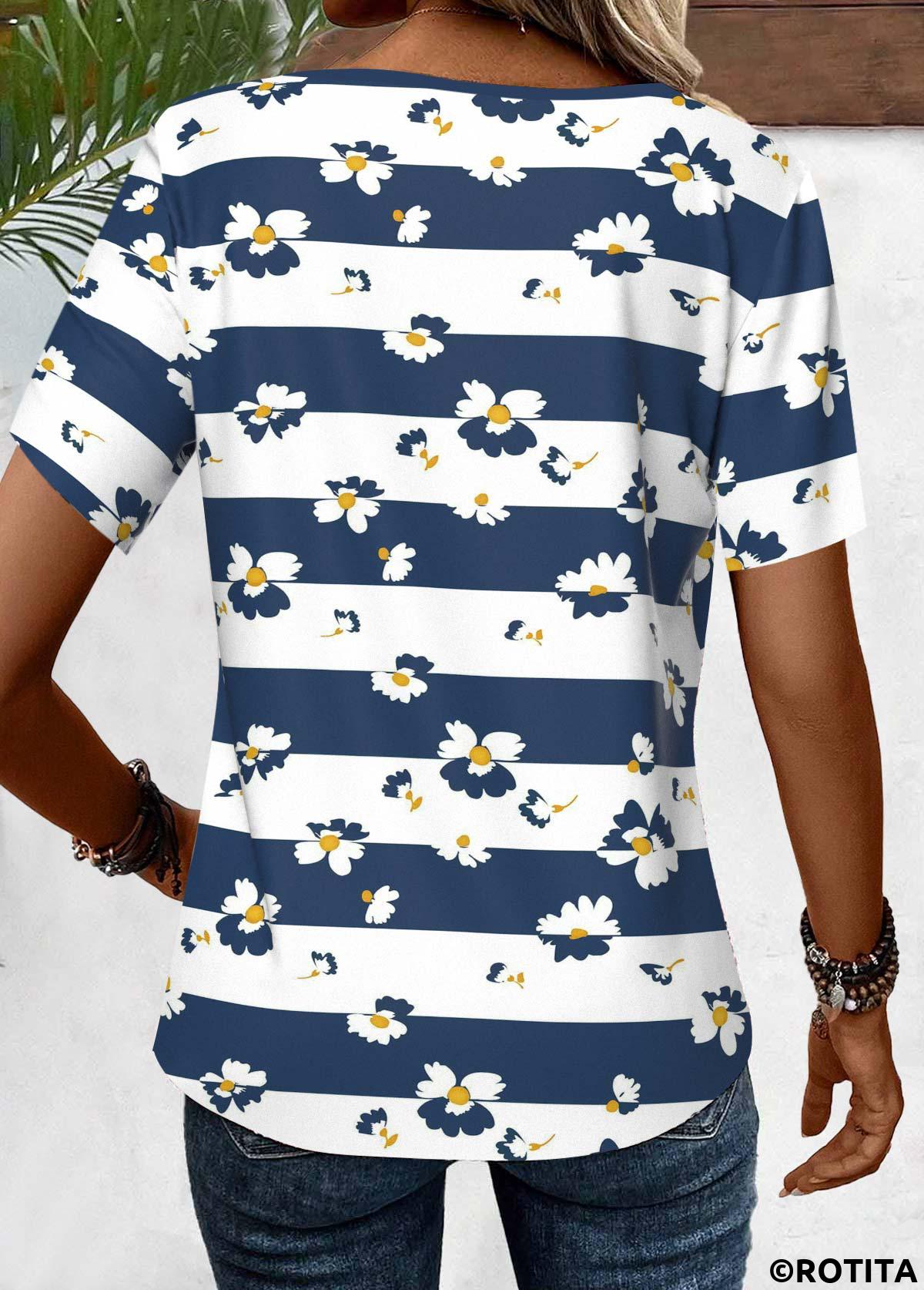 rotita t-shirt rayé bleu marine à col en v croisé