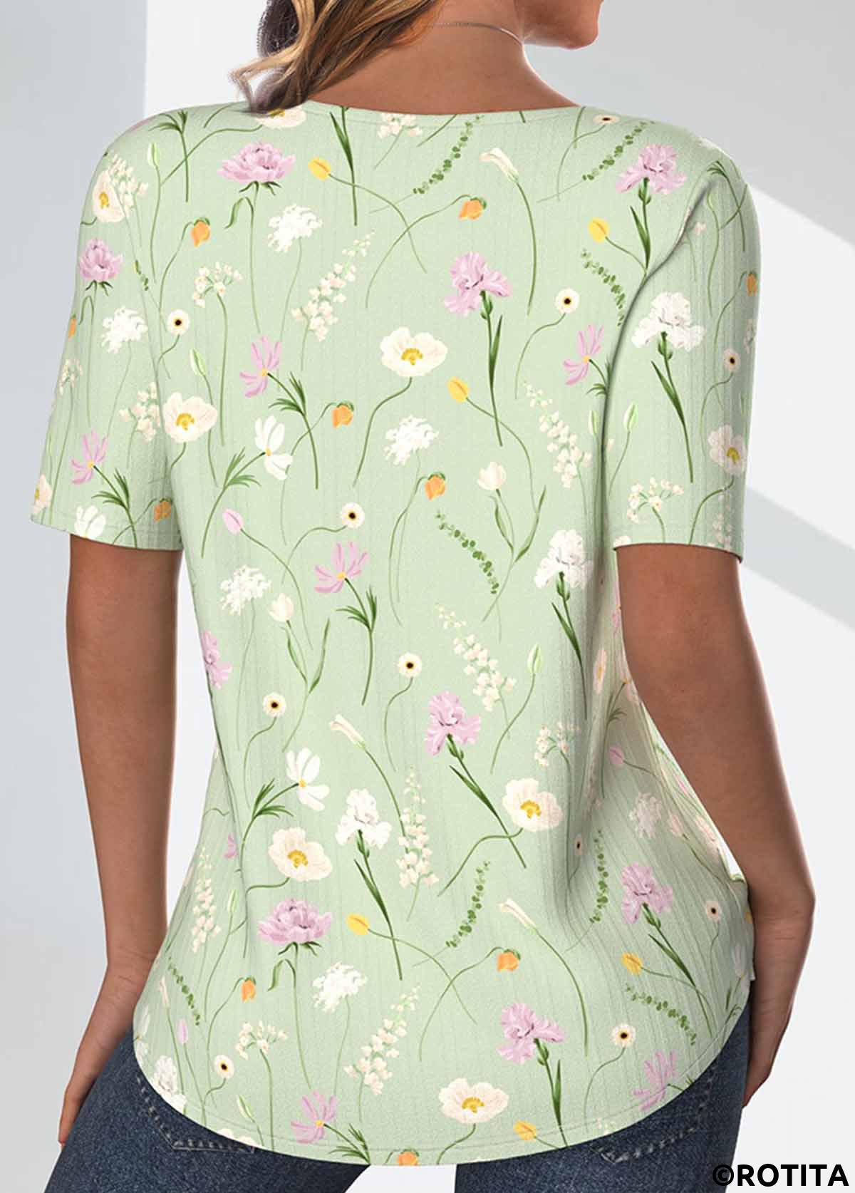 Light Green plus size,Floral plus size,Plants plus size,ROTITA Plus Size Textured Fabric Light Green T Shirt