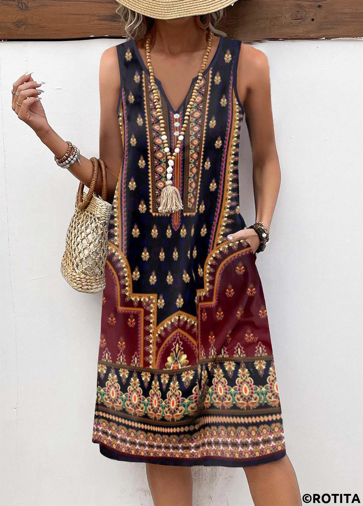 Multi Color dresses,Tribal dresses,Everyday dresses,Casual dresses,ROTITA Button Tribal Print Multi Color A Line Sleeveless Dress