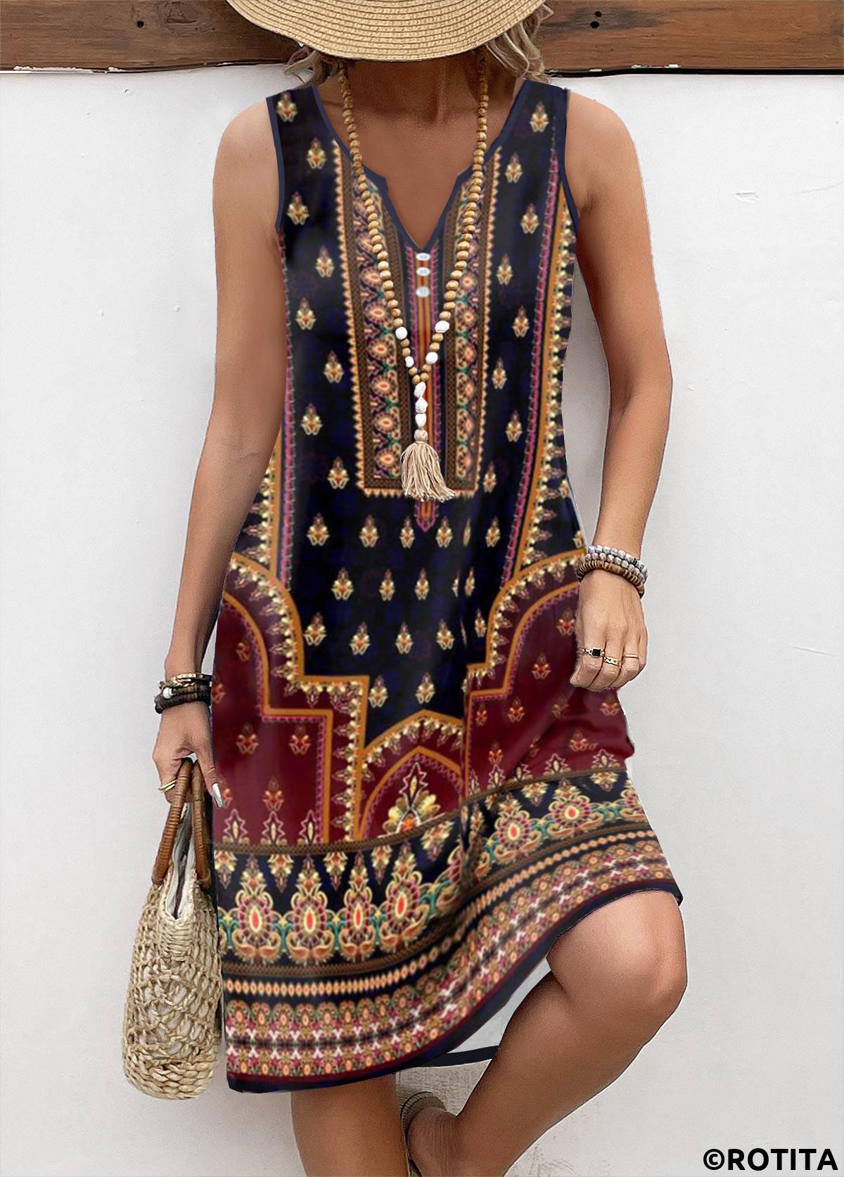 Multi Color dresses,Tribal dresses,Everyday dresses,Casual dresses,ROTITA Button Tribal Print Multi Color A Line Sleeveless Dress