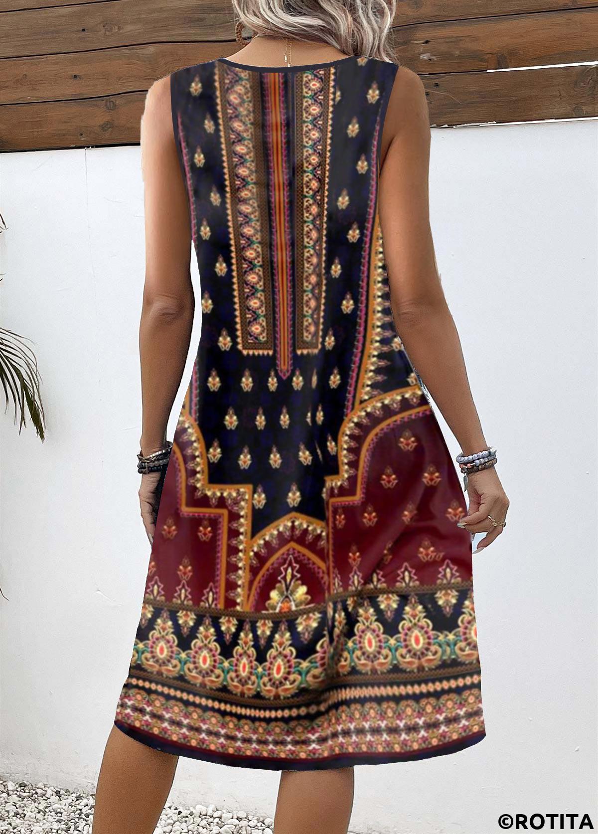Multi Color dresses,Tribal dresses,Everyday dresses,Casual dresses,ROTITA Button Tribal Print Multi Color A Line Sleeveless Dress