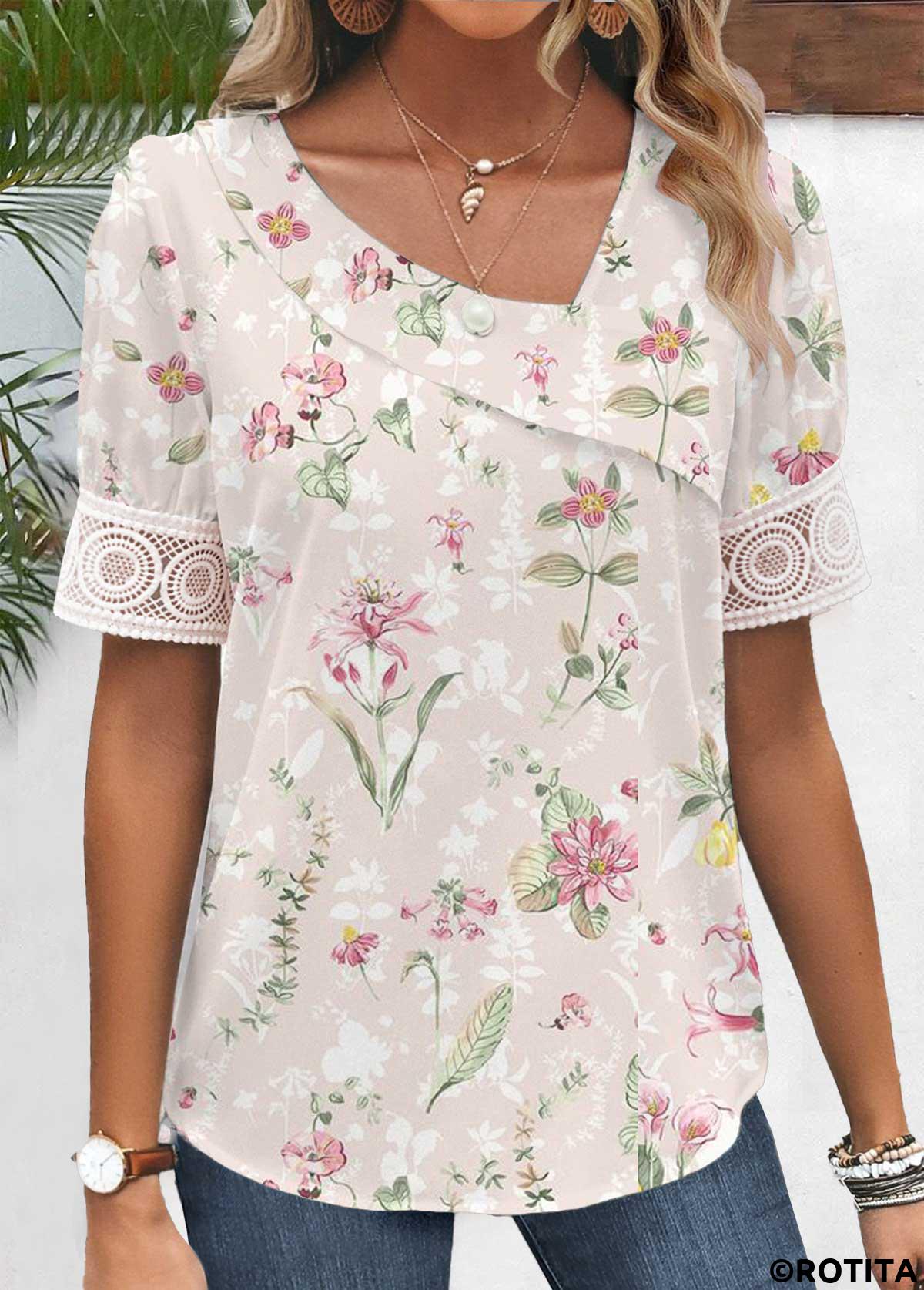 Light Pink tops,Floral tops,Plants tops,ROTITA Patchwork Floral Print Light Pink Asymmetrical Neck Blouse