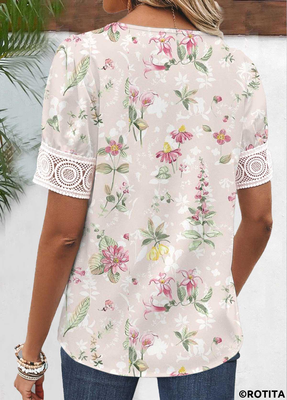 Light Pink tops,Floral tops,Plants tops,ROTITA Patchwork Floral Print Light Pink Asymmetrical Neck Blouse