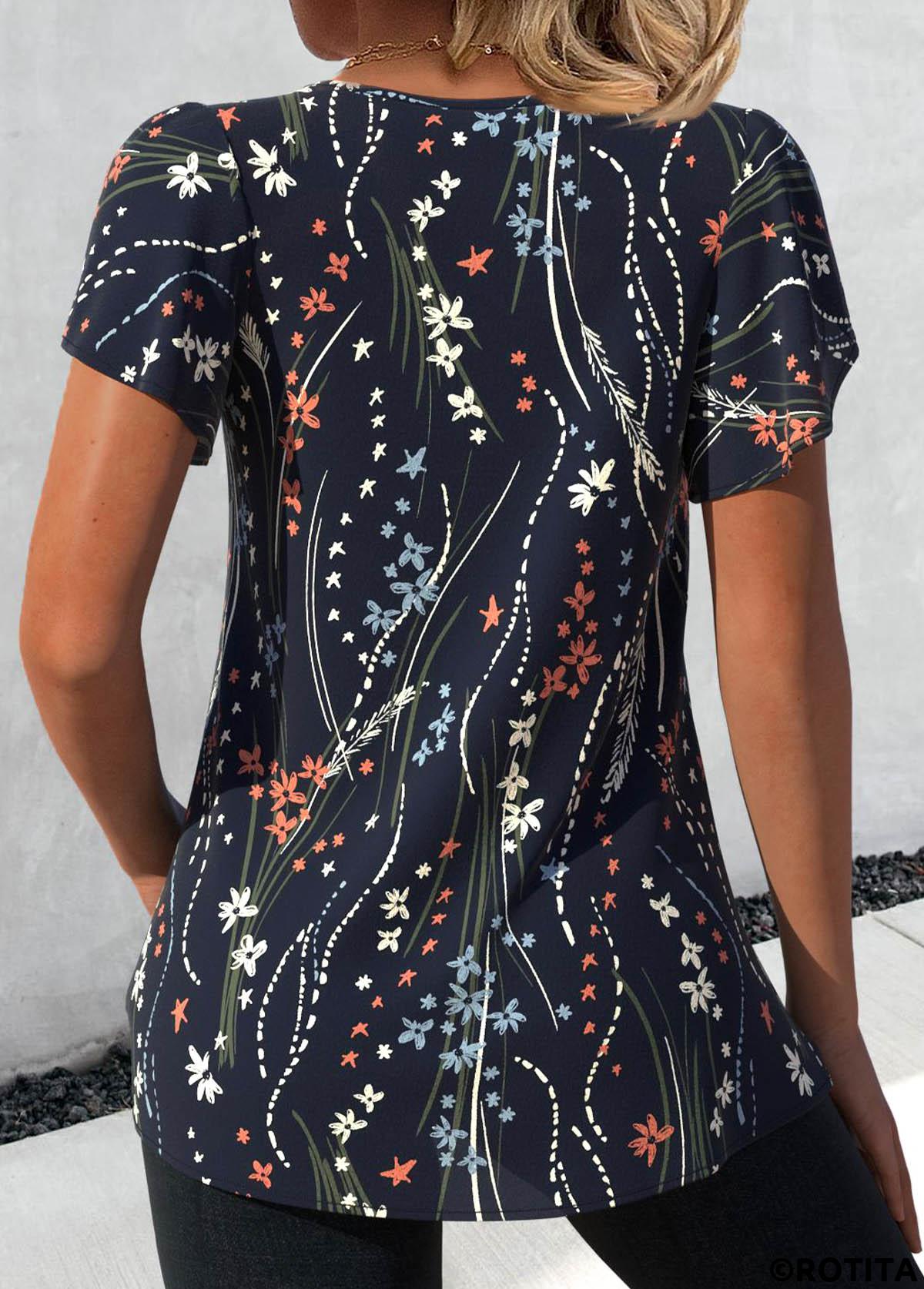 Navy tops,Floral tops,Plants tops,ROTITA Floral Print Navy V Neck Short Sleeve T Shirt