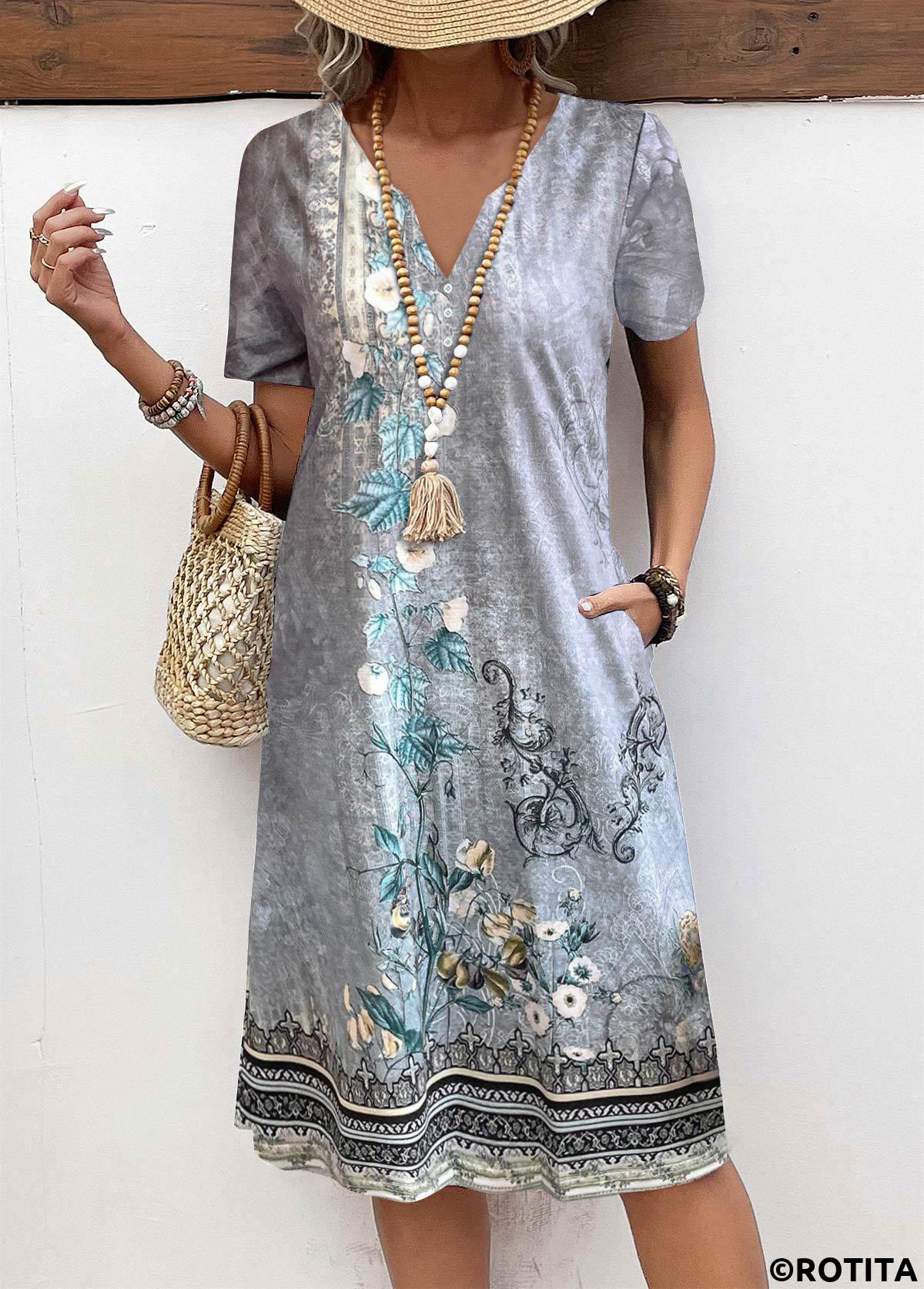 Grey dresses,Floral dresses,Plants dresses,Everyday dresses,Casual dresses,ROTITA Button Floral Print Grey A Line Split Neck Dress