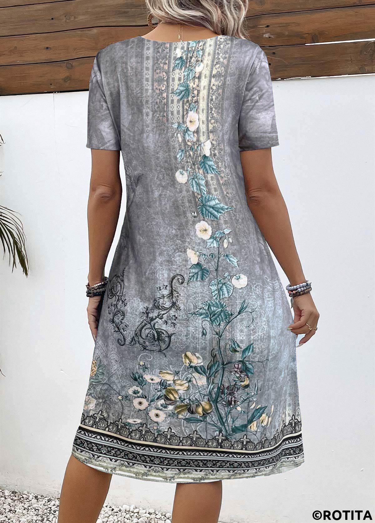Grey dresses,Floral dresses,Plants dresses,Everyday dresses,Casual dresses,ROTITA Button Floral Print Grey A Line Split Neck Dress