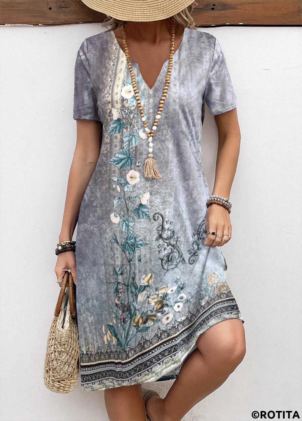 Grey dresses,Floral dresses,Plants dresses,Everyday dresses,Casual dresses,ROTITA Button Floral Print Grey A Line Split Neck Dress