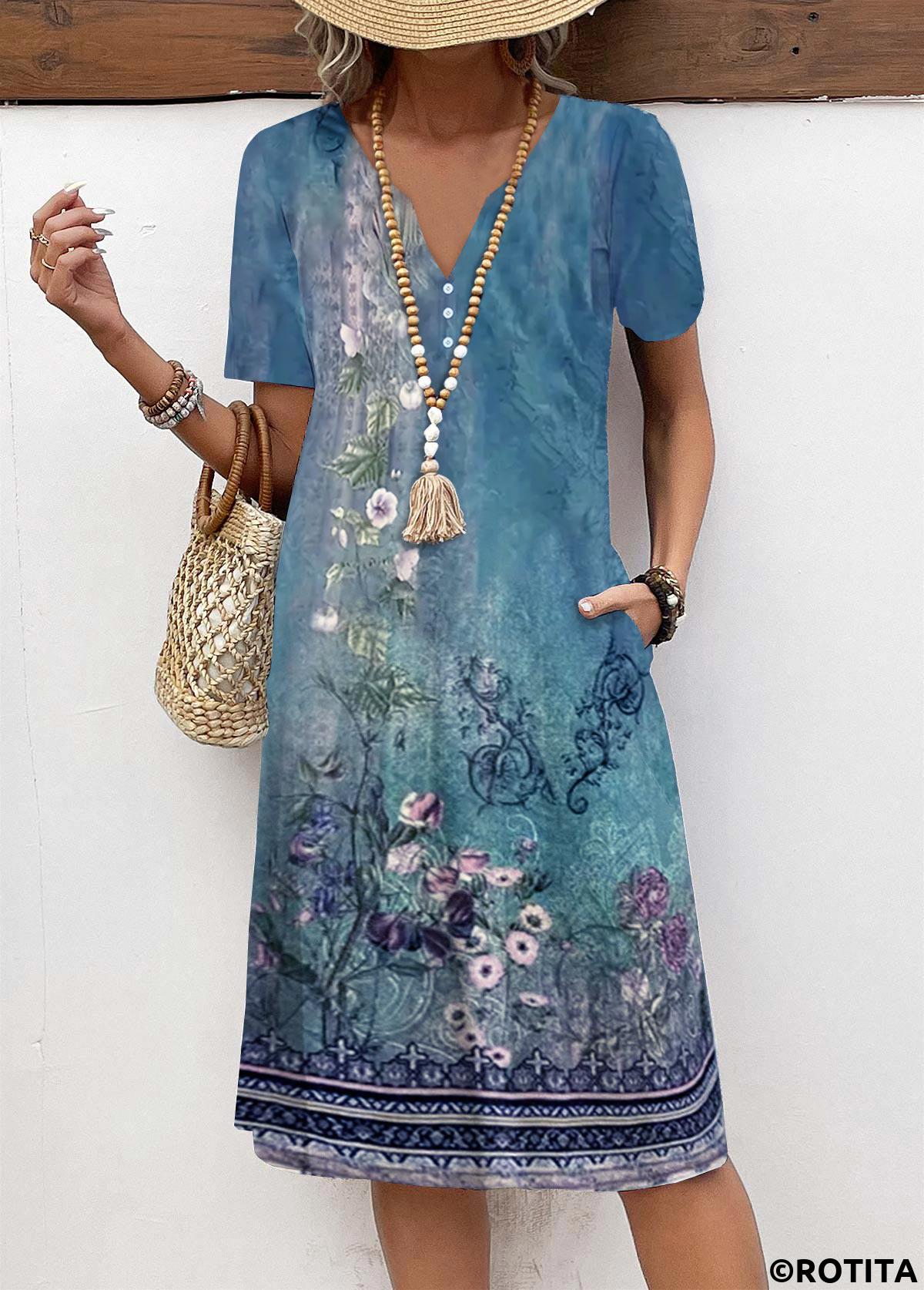 Blue dresses,Tribal dresses,Plants dresses,Everyday dresses,Casual dresses,ROTITA Button Floral Print Blue A Line Split Neck Dress