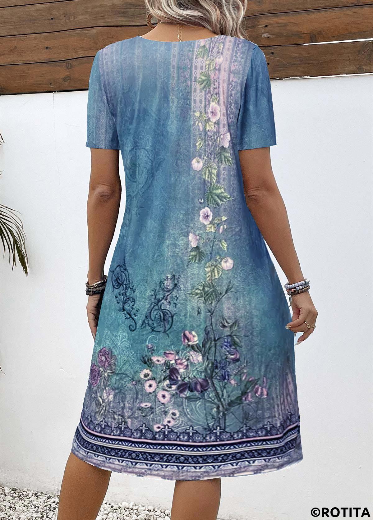 Blue dresses,Tribal dresses,Plants dresses,Everyday dresses,Casual dresses,ROTITA Button Floral Print Blue A Line Split Neck Dress