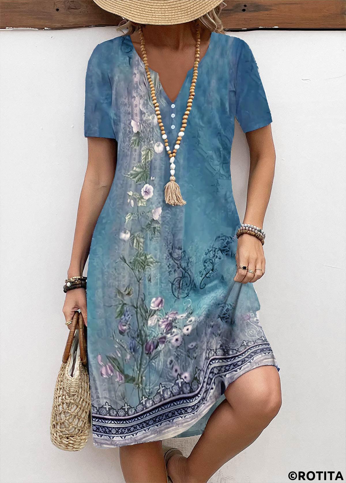 Blue dresses,Tribal dresses,Plants dresses,Everyday dresses,Casual dresses,ROTITA Button Floral Print Blue A Line Split Neck Dress