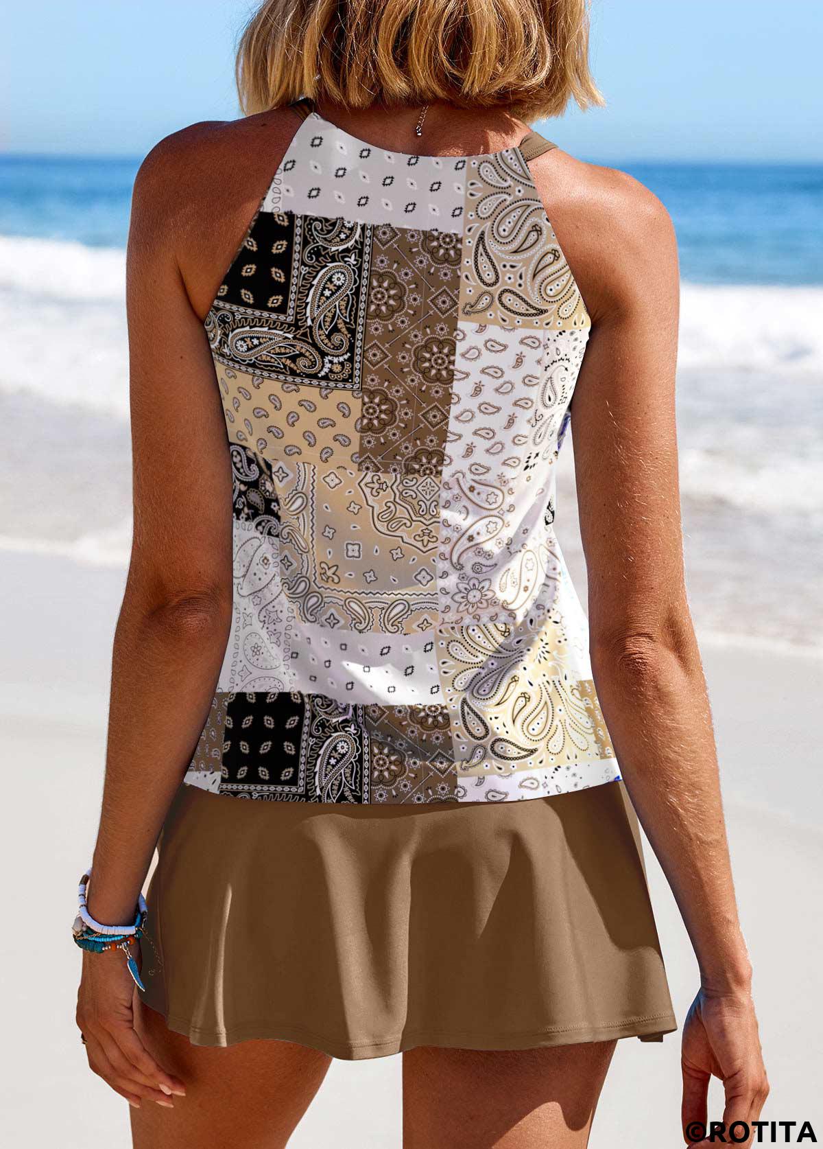 Light Camel swimwear,Tribal swimwear,Geometric swimwear,Paisley swimwear,ROTITA Cut Out Light Camel Patchwork Tankini Set