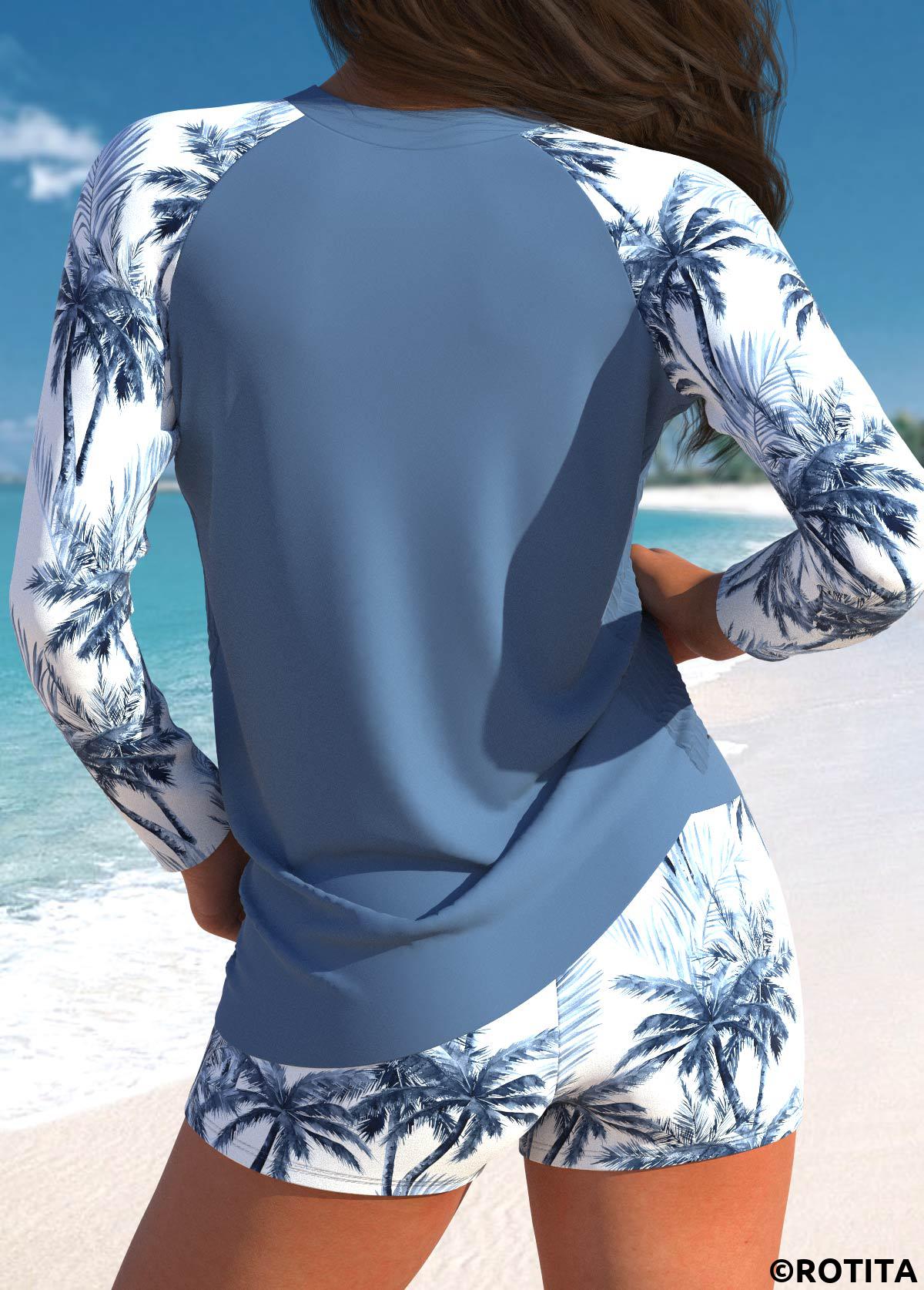 Dusty Blue swimwear,Plants swimwear,ROTITA Patchwork Dusty Blue Tropical Plants Print Tankini Set