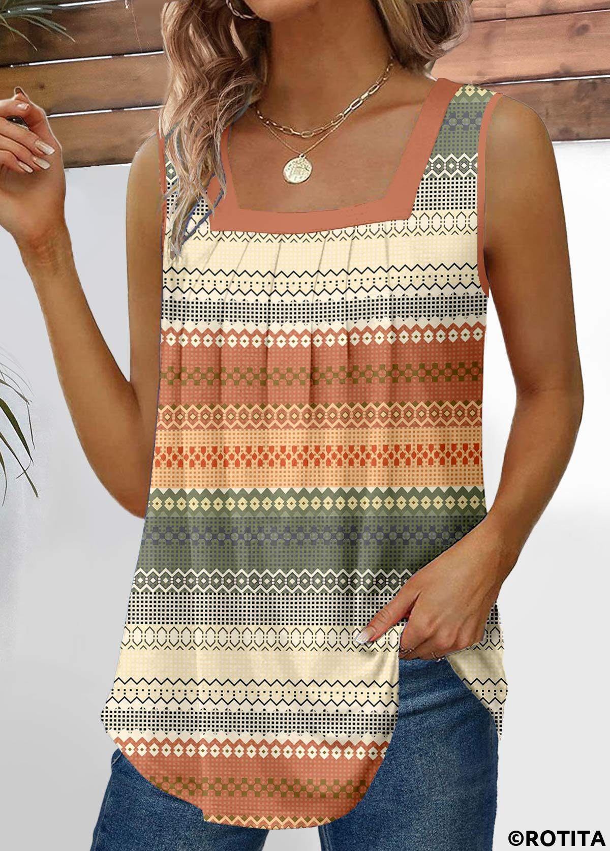 Multi Color tops,Striped tops,Geometric tops,Tribal tops,Pleated Striped Multi Color Square Neck Tank Top