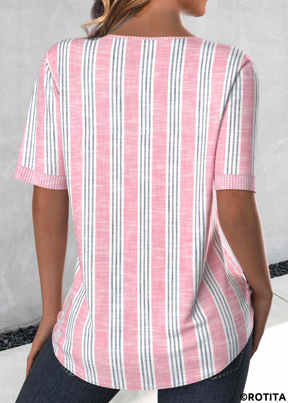 Light Pink tops,Striped tops,Geometric tops,ROTITA Plus Size Button Light Pink Striped Split Neck Blouse