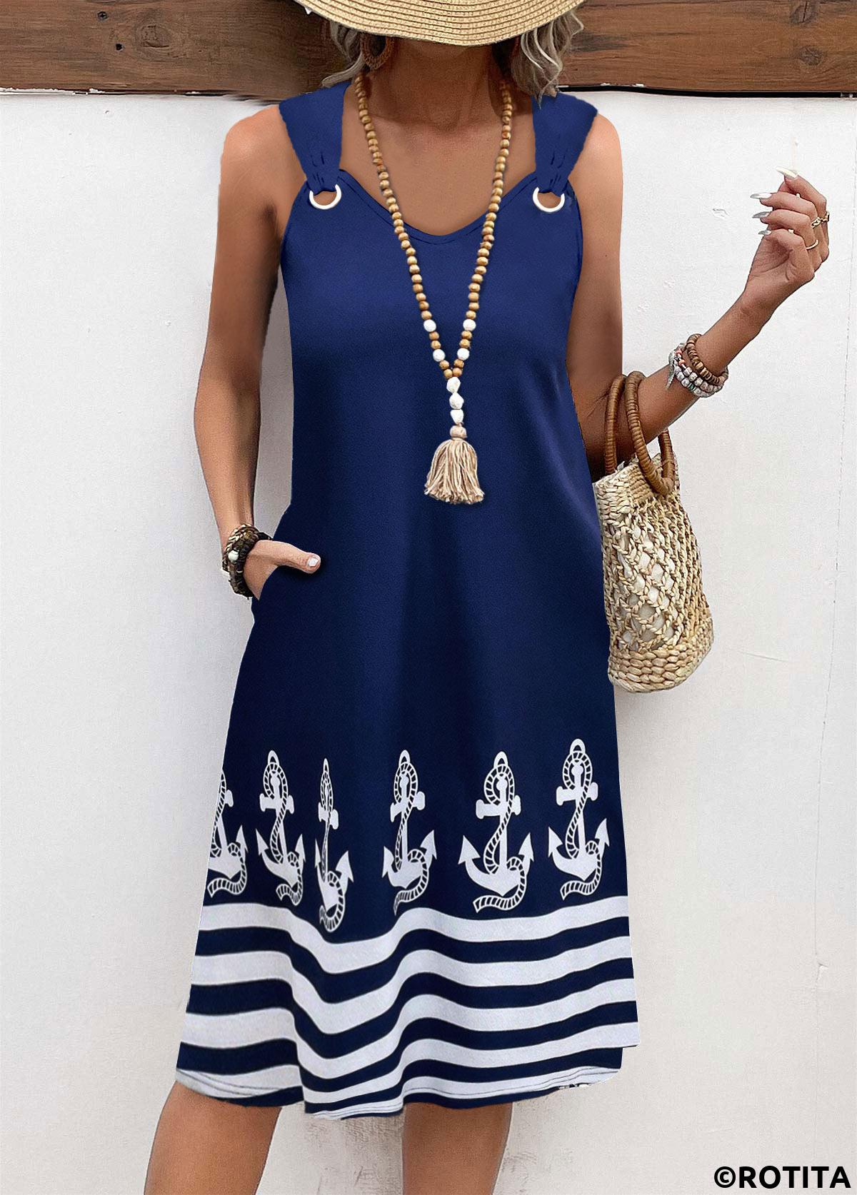 Navy dresses,Geometric dresses,Striped dresses,Everyday dresses,Casual dresses,ROTITA Pocket Geometric Print Navy A Line V Neck Dress