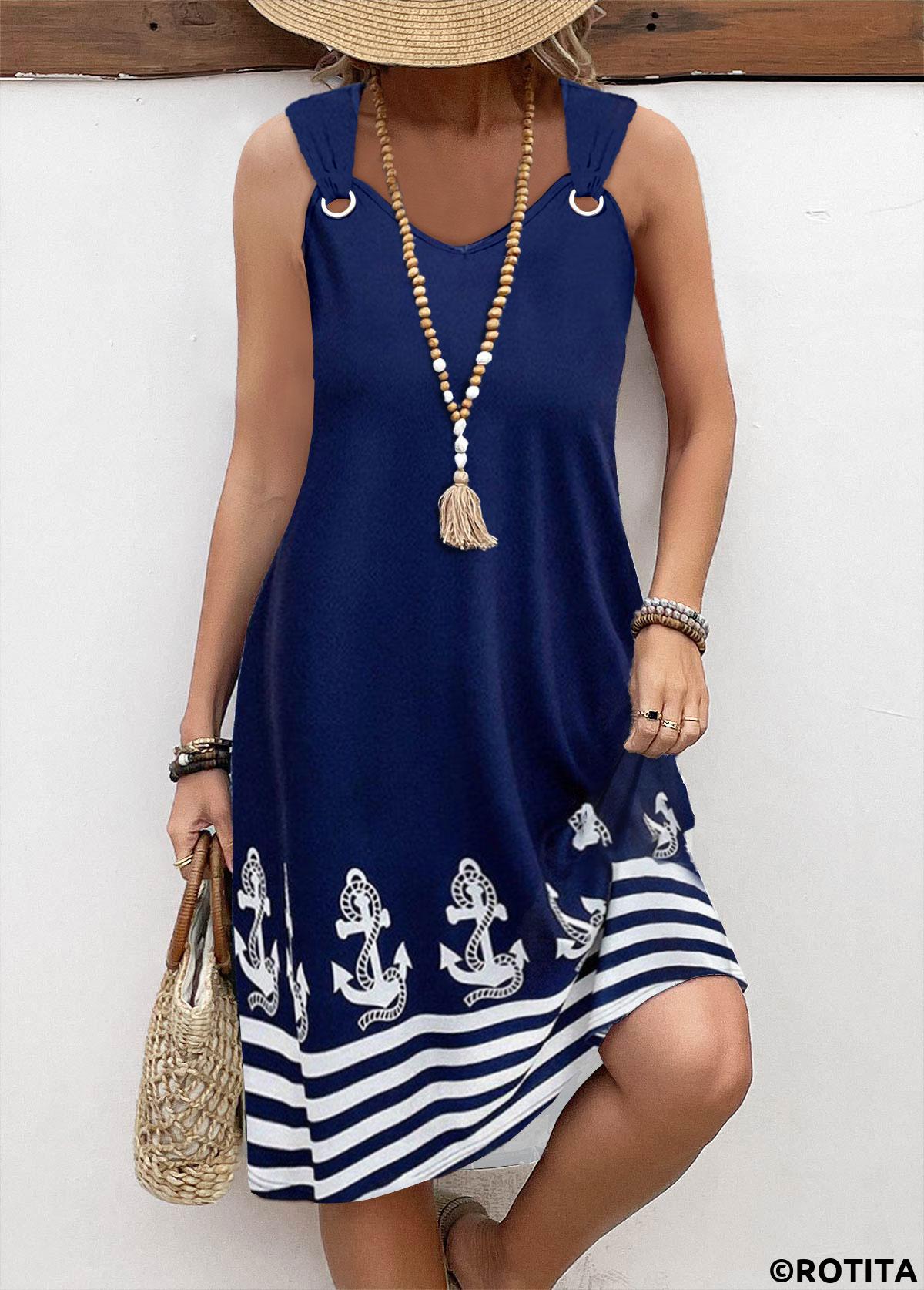 Navy dresses,Geometric dresses,Striped dresses,Everyday dresses,Casual dresses,ROTITA Pocket Geometric Print Navy A Line V Neck Dress