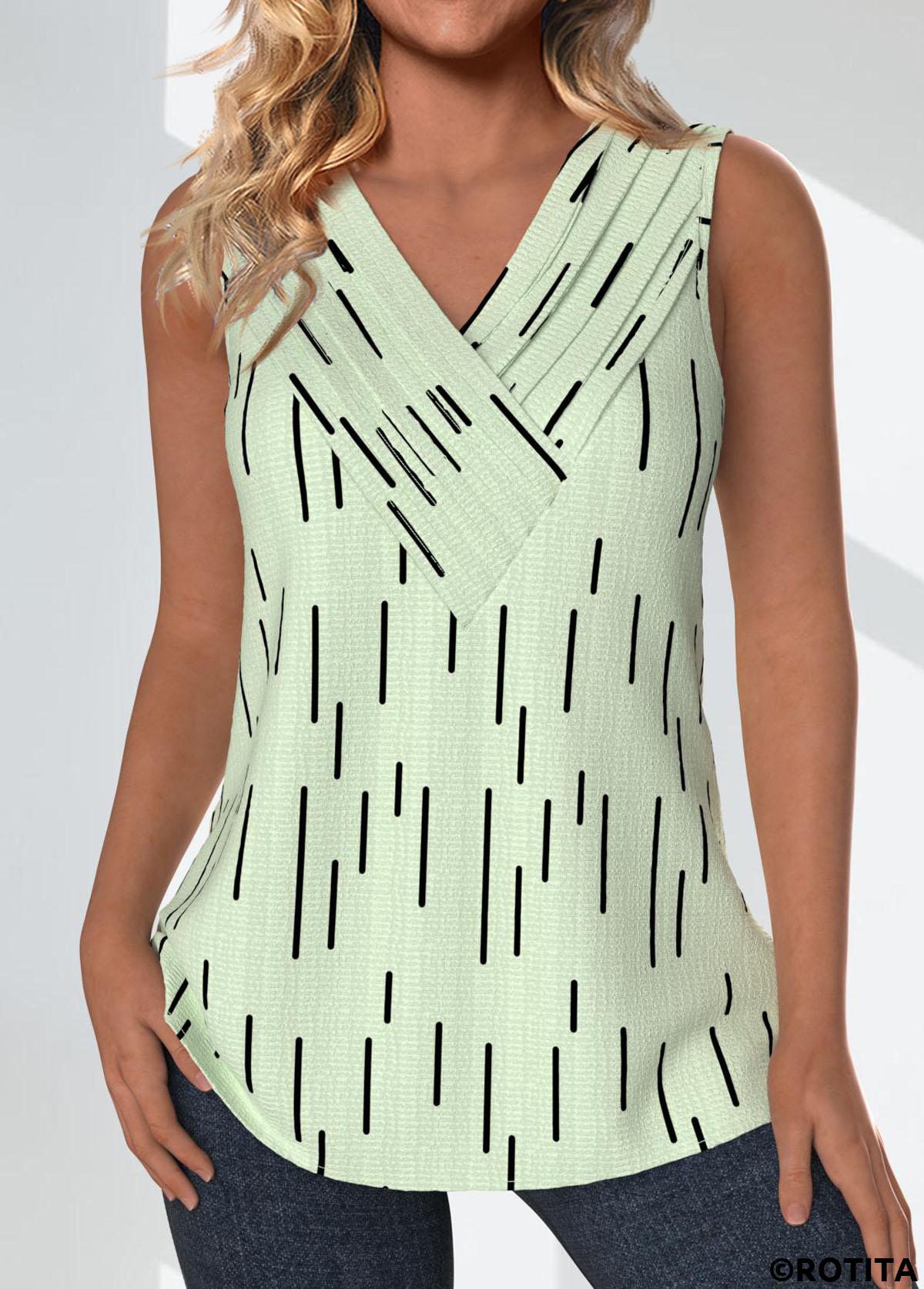 Light Green tops,Geometric tops,Striped tops,ROTITA Surplice Geometric Print Light Green V Neck Tank Top