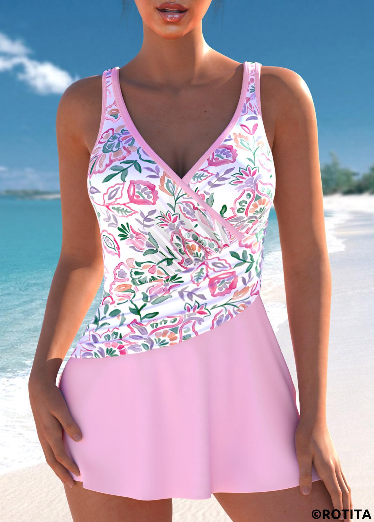 Light Pink swimwear,Floral swimwear,Plants swimwear,ROTITA Surplice Light Pink Floral Print One Piece Swimdress
