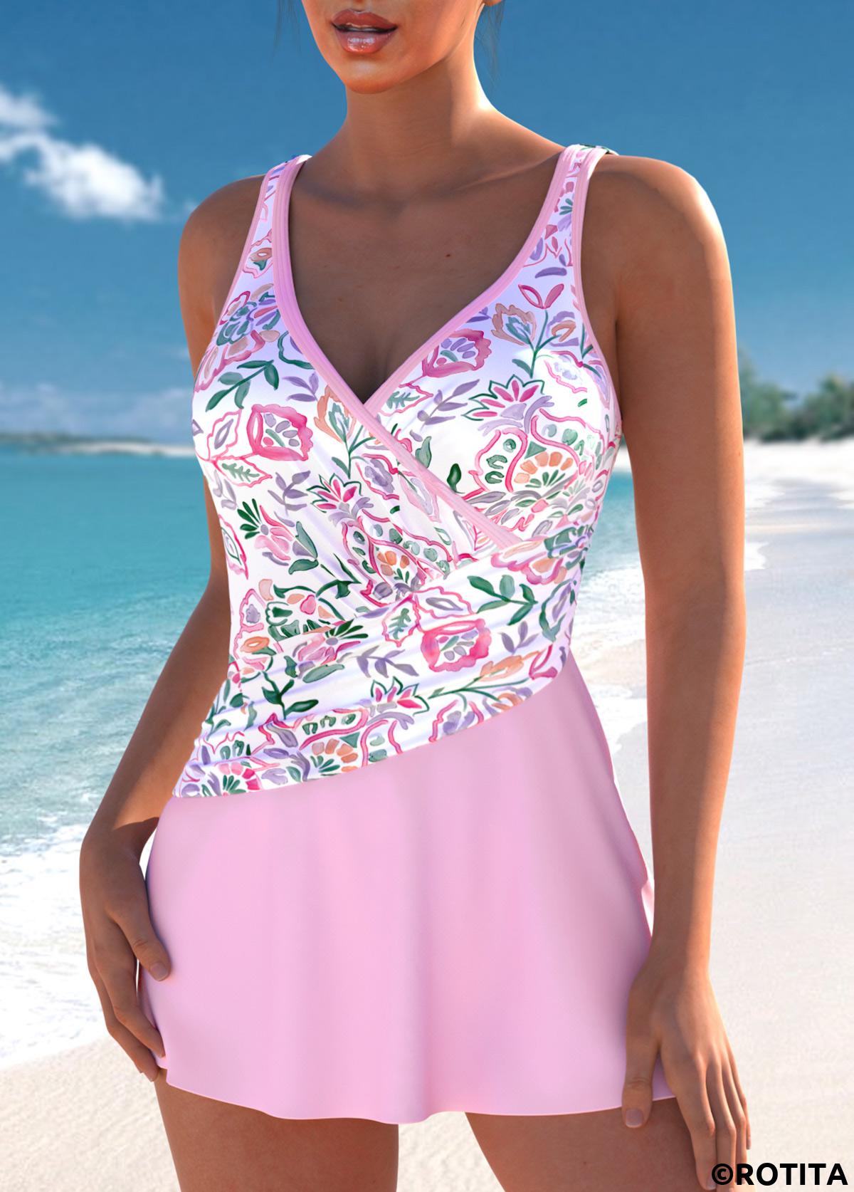 Light Pink swimwear,Floral swimwear,Plants swimwear,ROTITA Surplice Light Pink Floral Print One Piece Swimdress