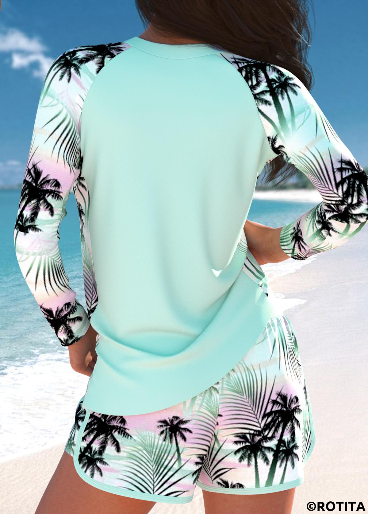 Mint Green plus size,Plants plus size,ROTITA Plus Size Patchwork Tropical Plants Print Tankini Set